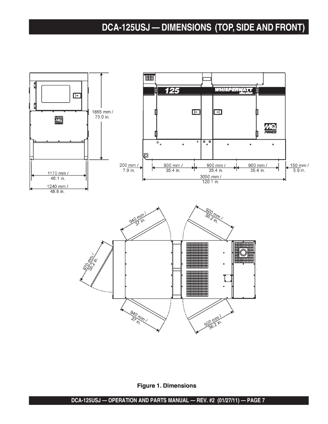 Multiquip DCA125USJ operation manual DCA-125USJ - DIMENSIONS TOP, SIDE AND FRONT, Dimensions 