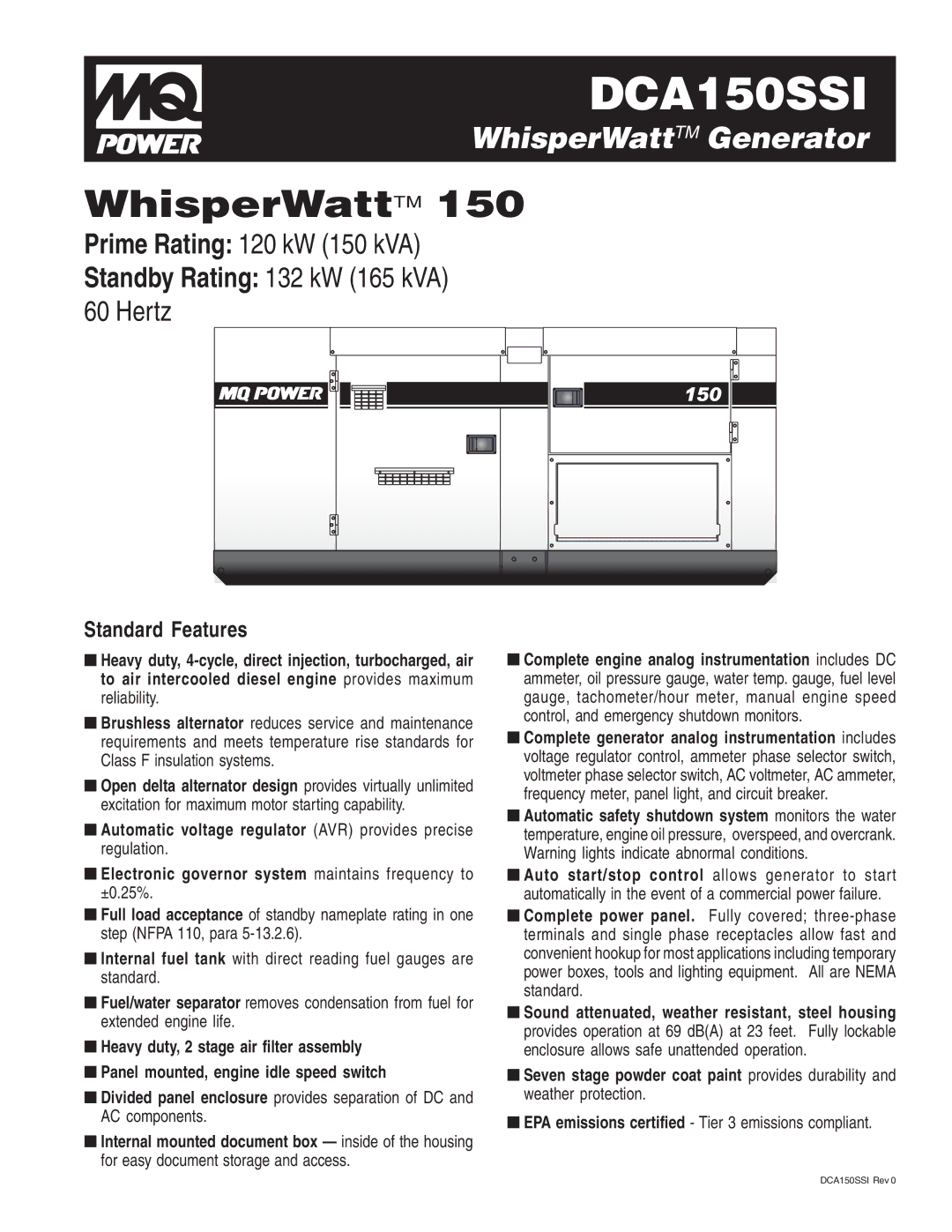 Multiquip DCA150SSI manual Standard Features 