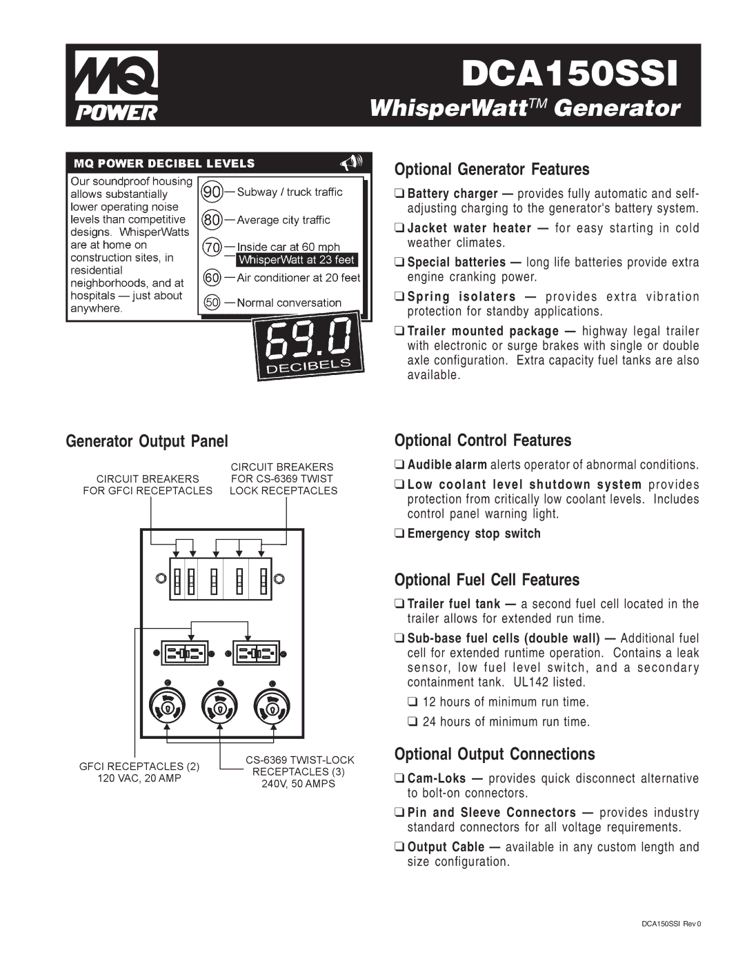 Multiquip DCA150SSI manual Optional Generator Features, Generator Output Panel Optional Control Features 