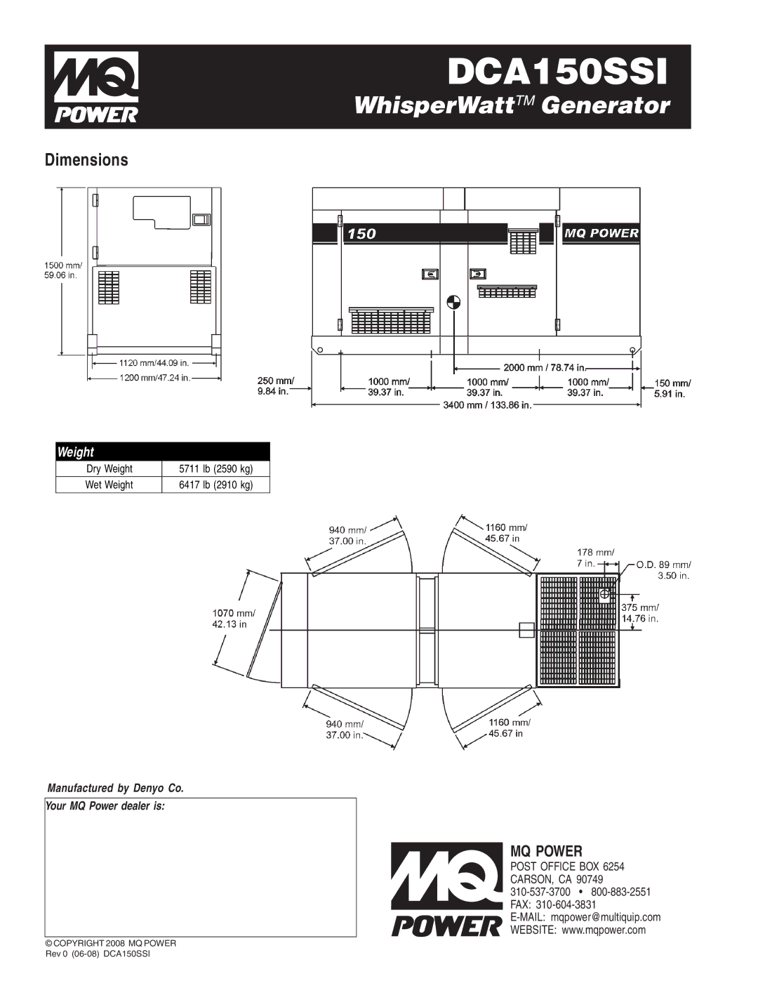 Multiquip DCA150SSI manual Dimensions, Weight 