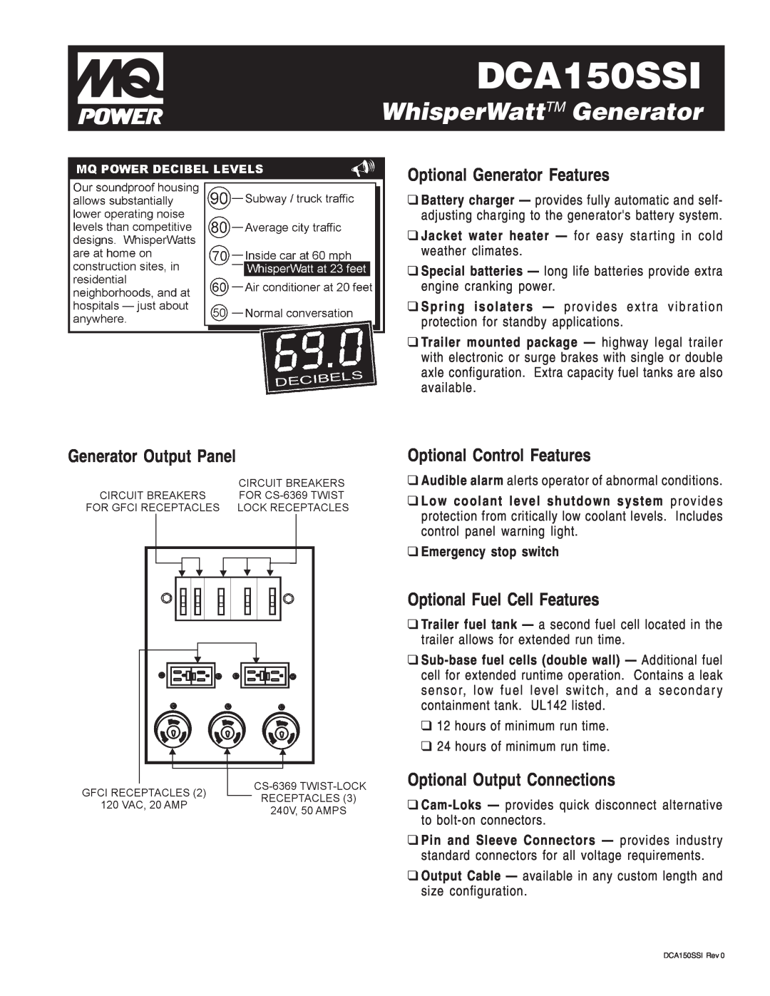 Multiquip DCA150SSI manual Optional Generator Features, Generator Output Panel, Optional Control Features 