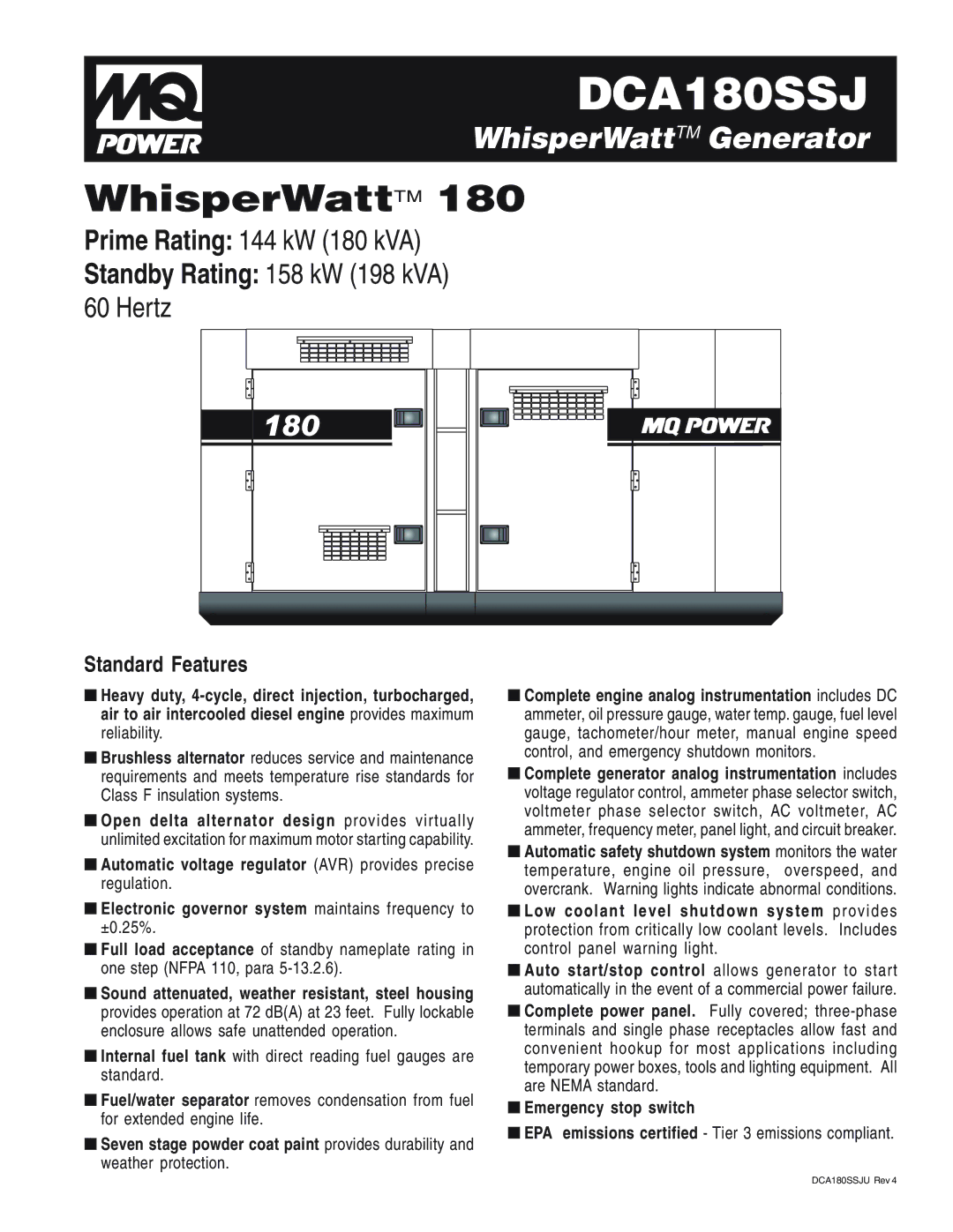 Multiquip DCA180SSJ manual Standard Features 