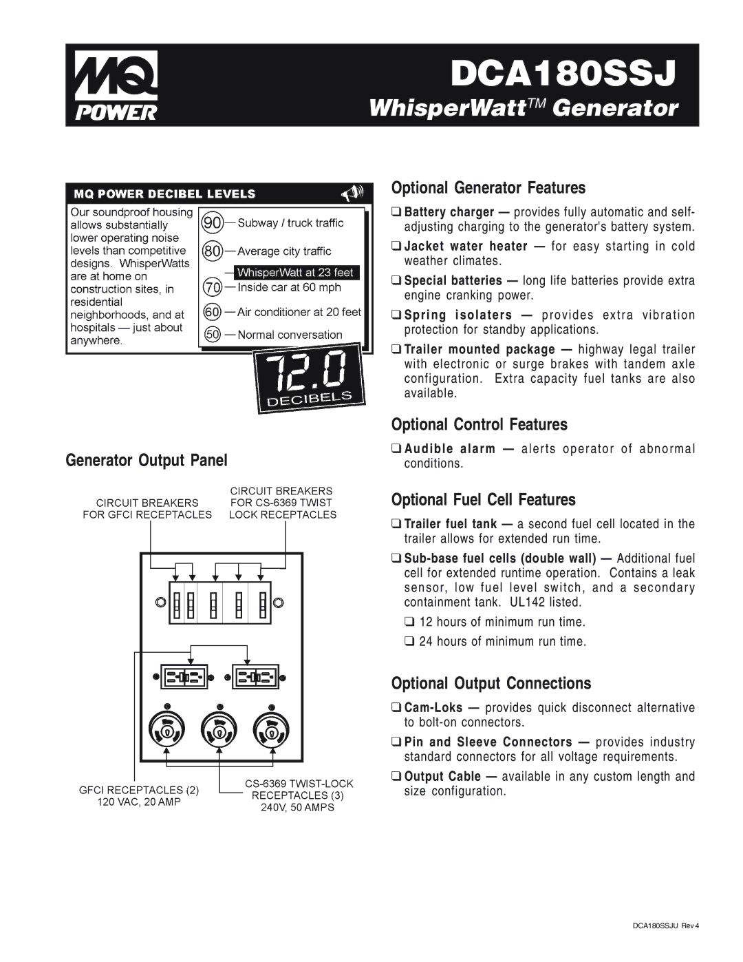 Multiquip DCA180SSJ manual Optional Generator Features, Optional Control Features Generator Output Panel 