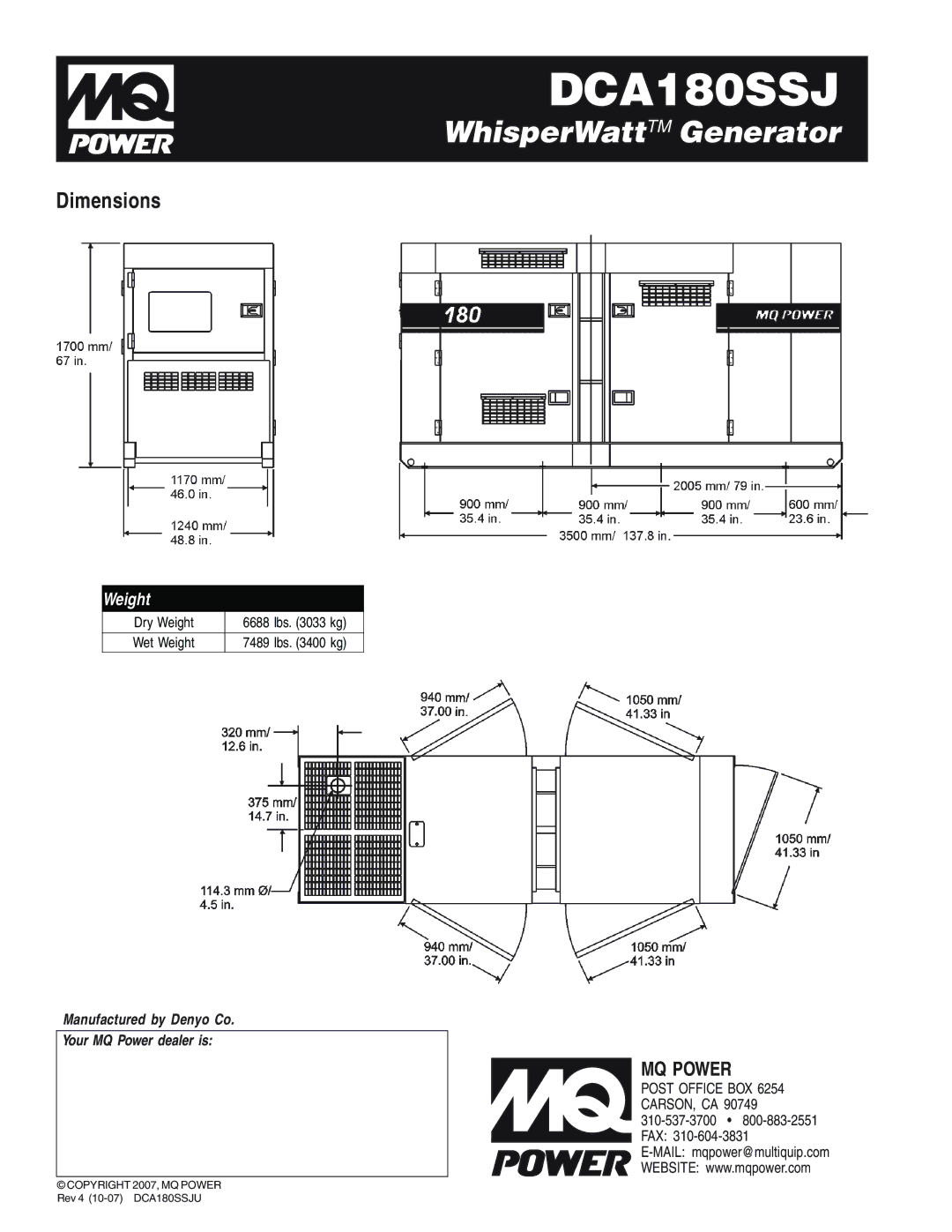 Multiquip DCA180SSJ manual Dimensions, MQ Power 