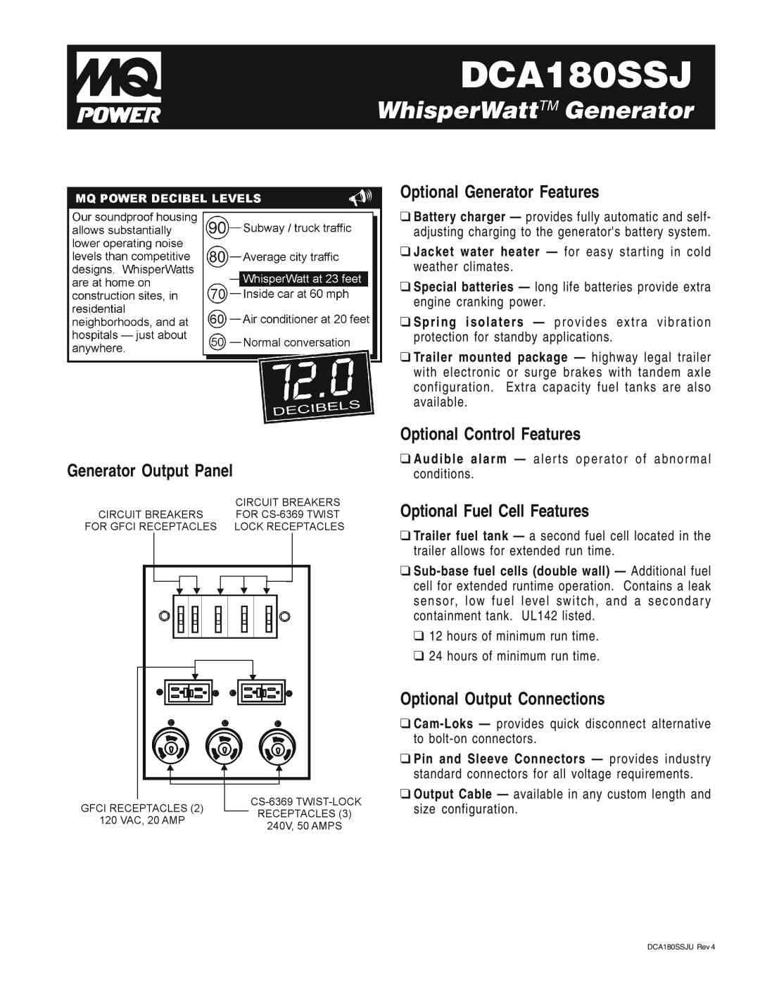 Multiquip DCA180SSJ manual Optional Generator Features, Optional Control Features, Generator Output Panel 