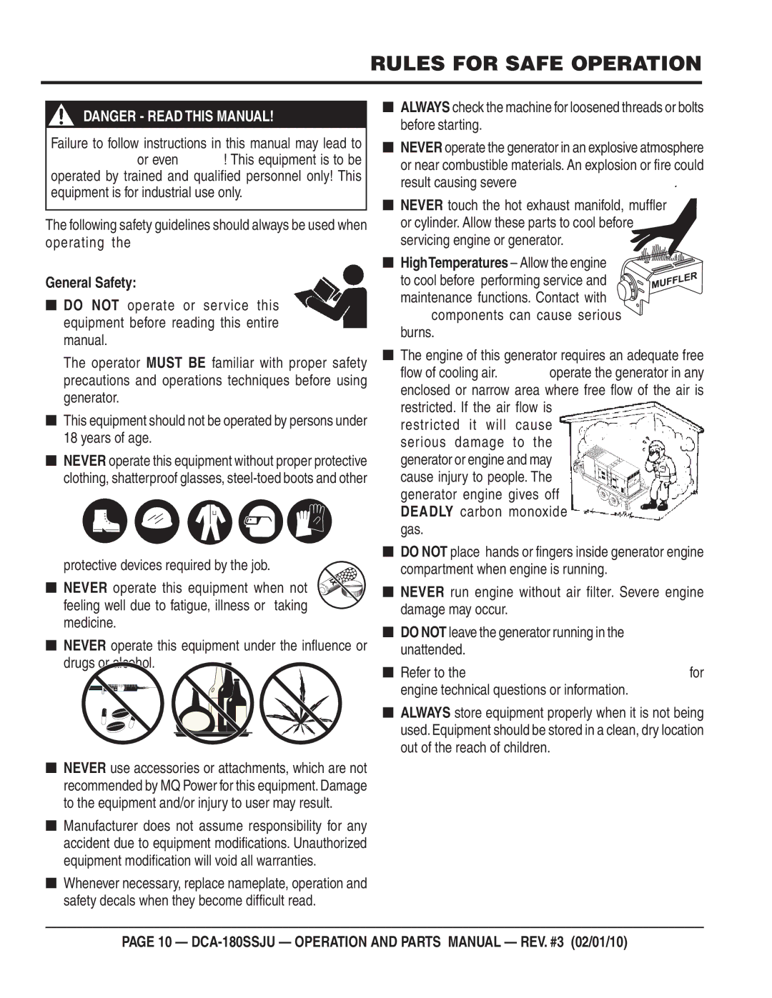 Multiquip DCA180SSJU operation manual Rules for Safe Operation, General Safety, Drugs or alcohol, Result causing severe 