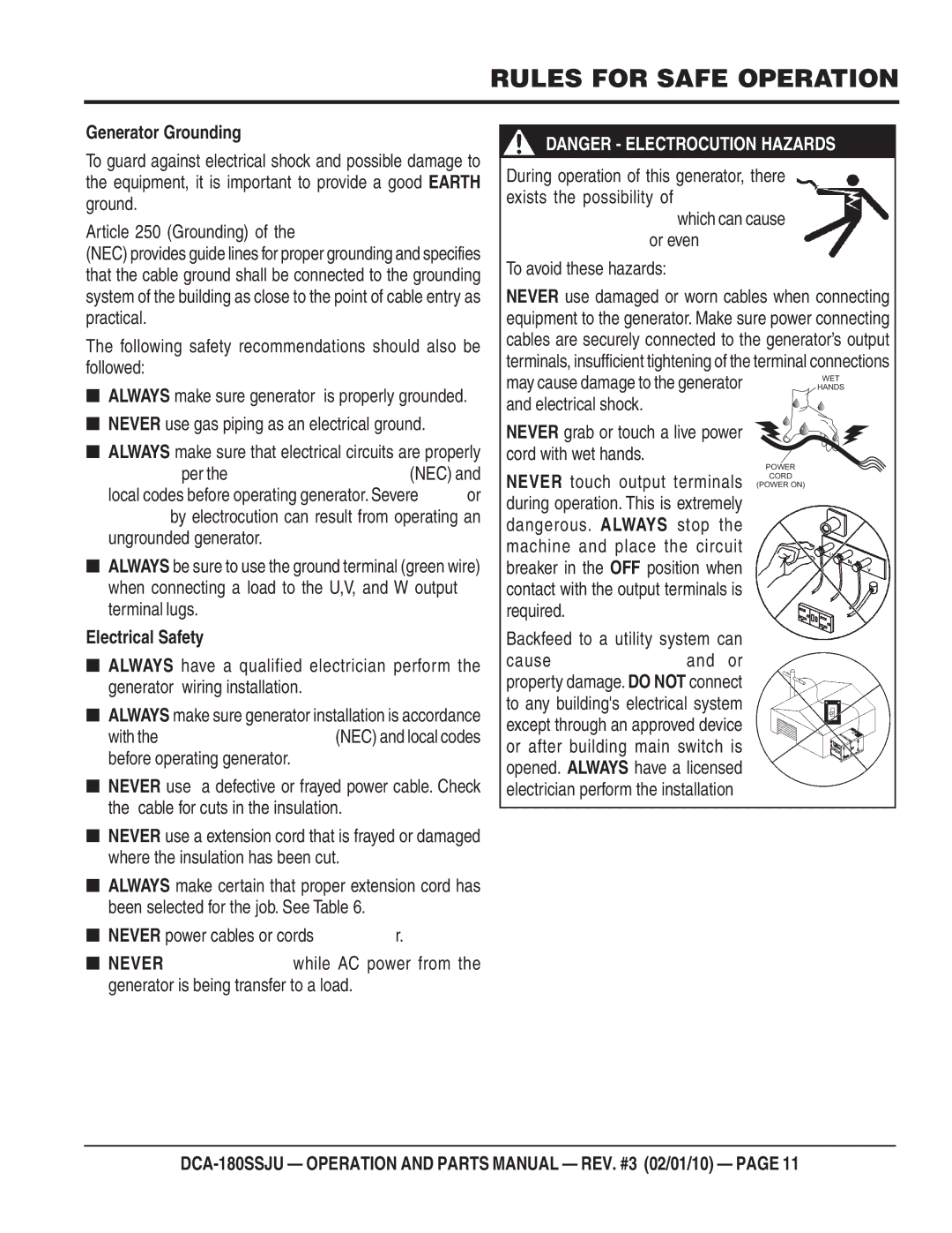 Multiquip DCA180SSJU operation manual Generator Grounding, Electrical Safety 