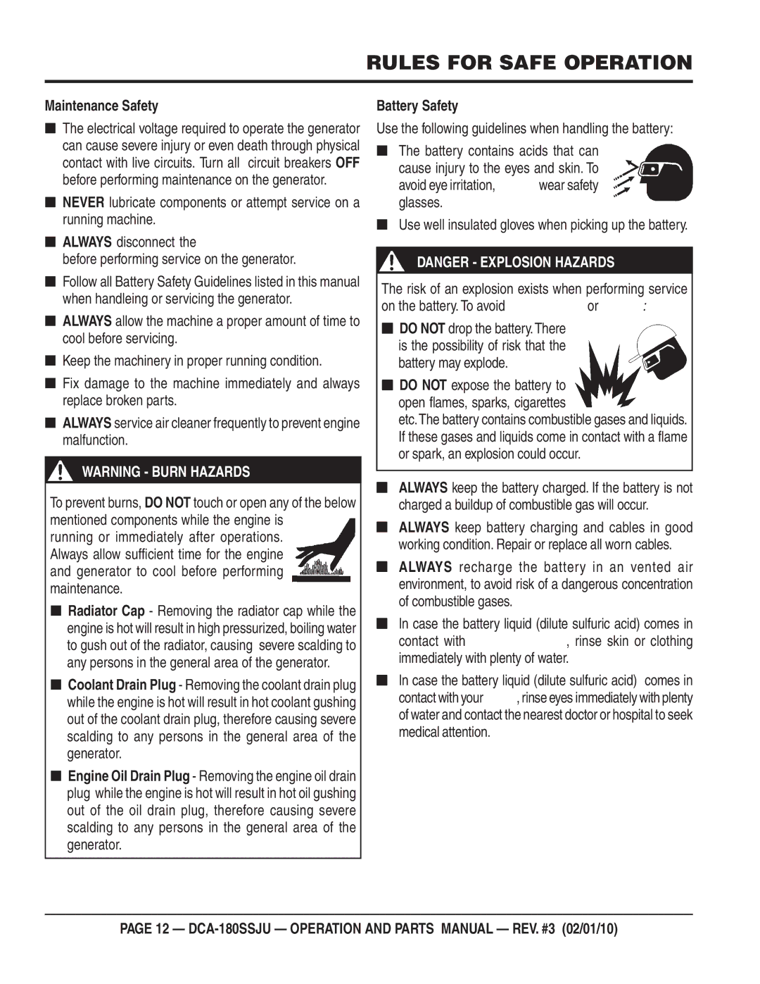 Multiquip DCA180SSJU Maintenance Safety, Battery Safety, Use the following guidelines when handling the battery 