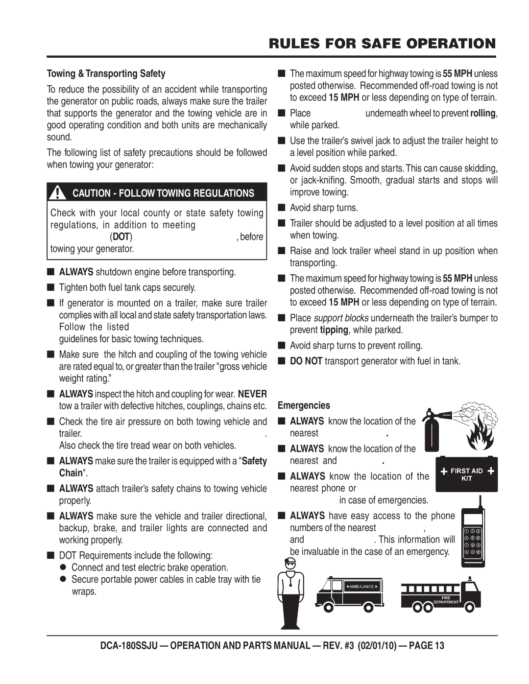 Multiquip DCA180SSJU operation manual Towing & Transporting Safety, Dot, Emergencies 