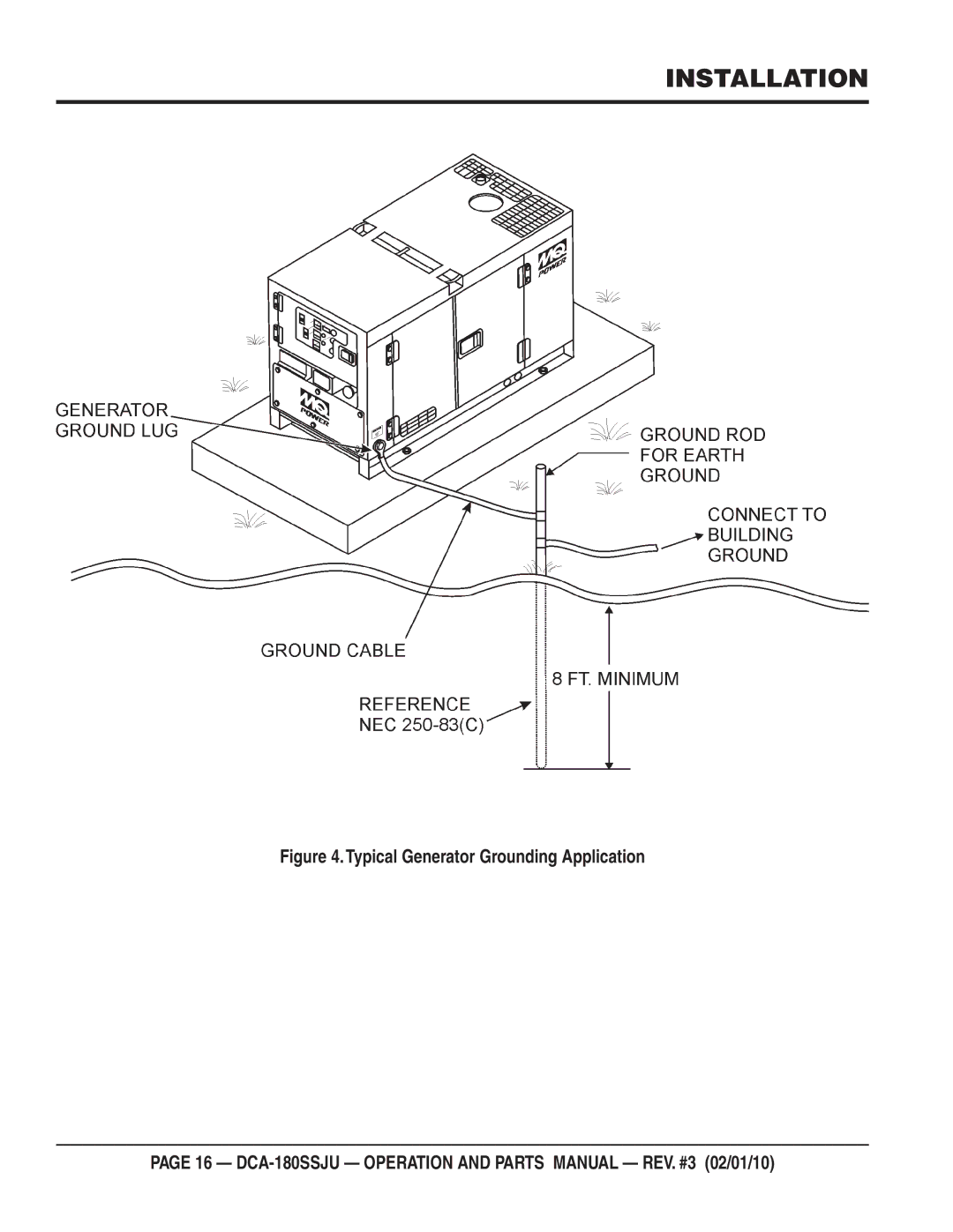 Multiquip DCA180SSJU operation manual Installation, Typical Generator Grounding Application 