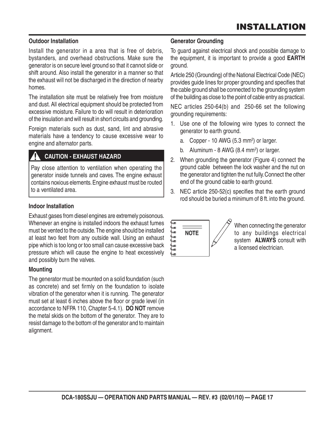 Multiquip DCA180SSJU operation manual Outdoor Installation, Indoor Installation, Mounting, When connecting the generator 