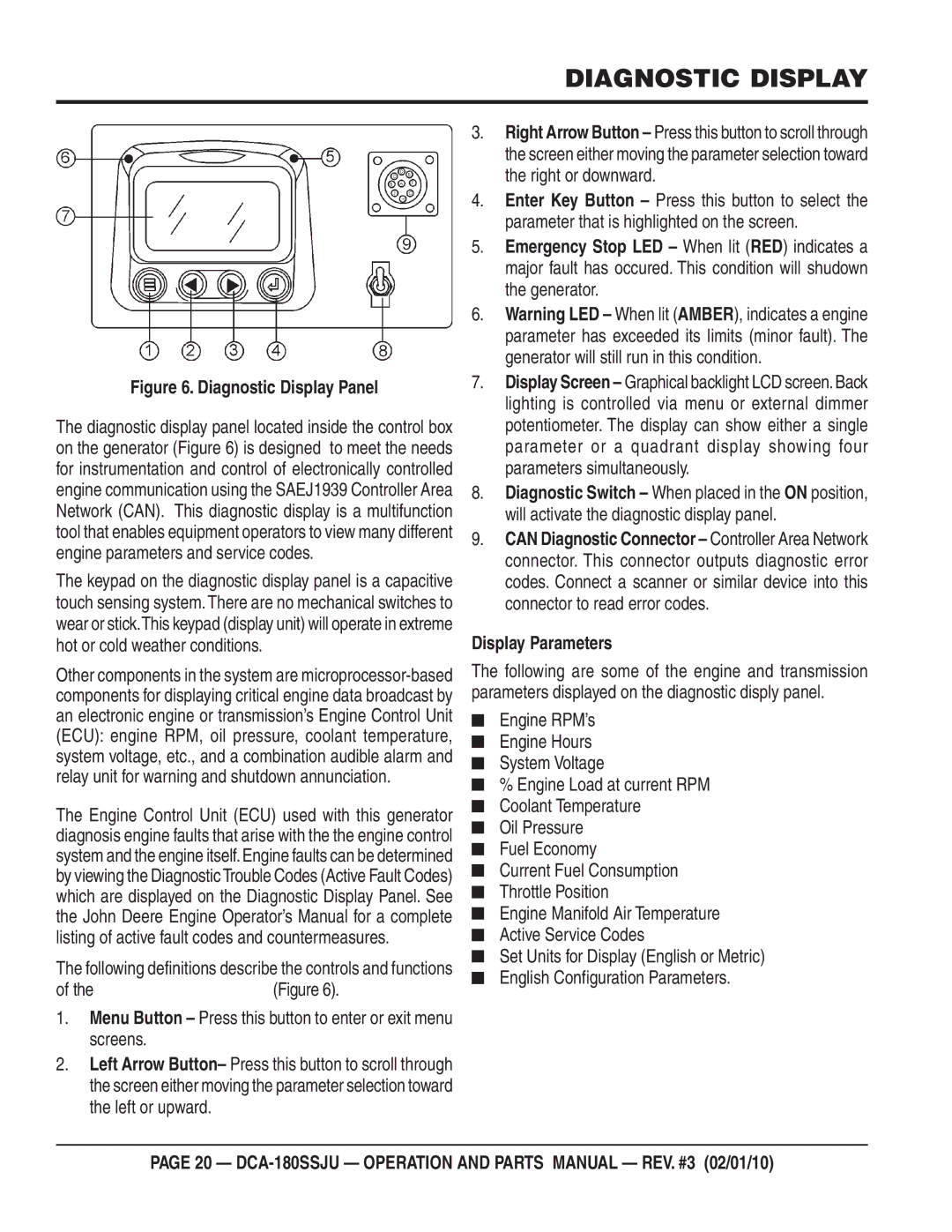 Multiquip DCA180SSJU Diagnostic Display, Menu Button Press this button to enter or exit menu screens, Display Parameters 