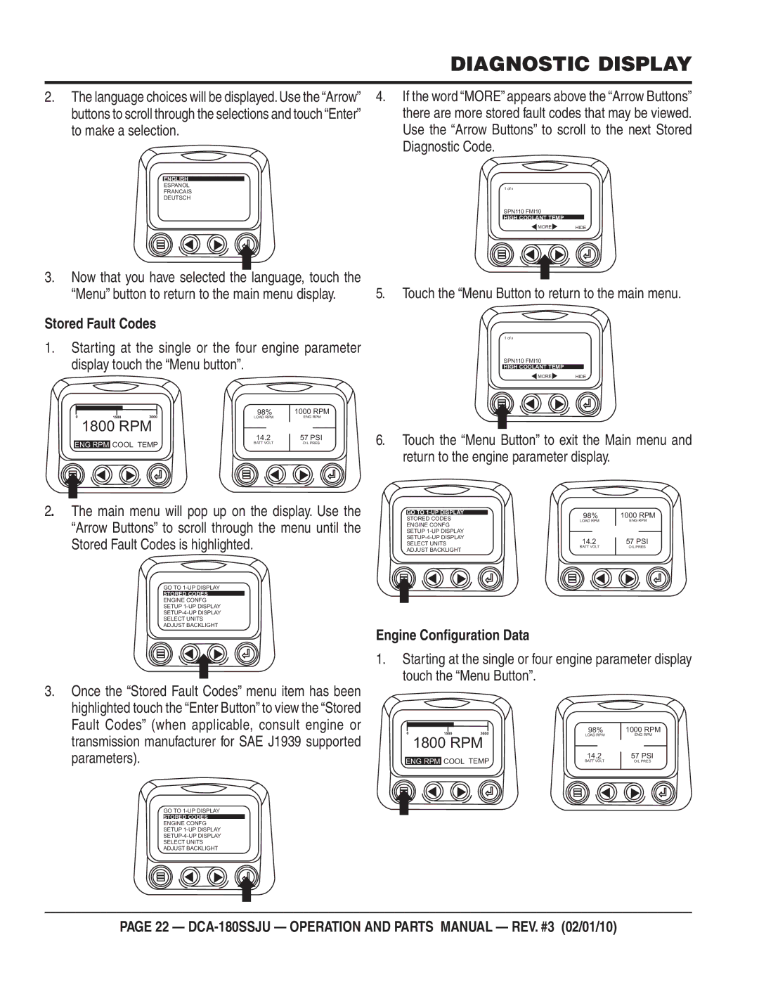 Multiquip DCA180SSJU operation manual To make a selection, Diagnostic Code, Stored Fault Codes, Engine Configuration Data 