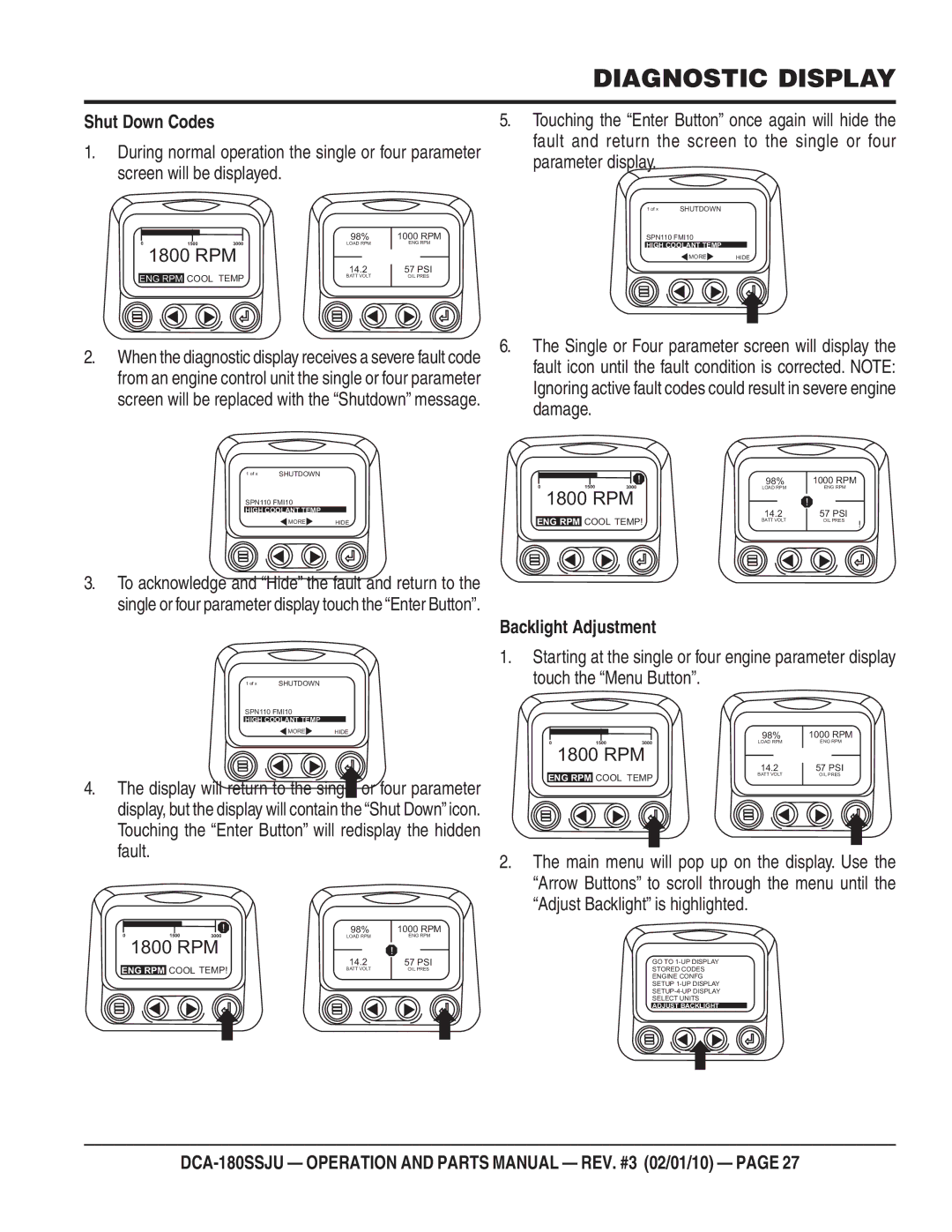 Multiquip DCA180SSJU operation manual Shut Down Codes, Damage, Backlight Adjustment 