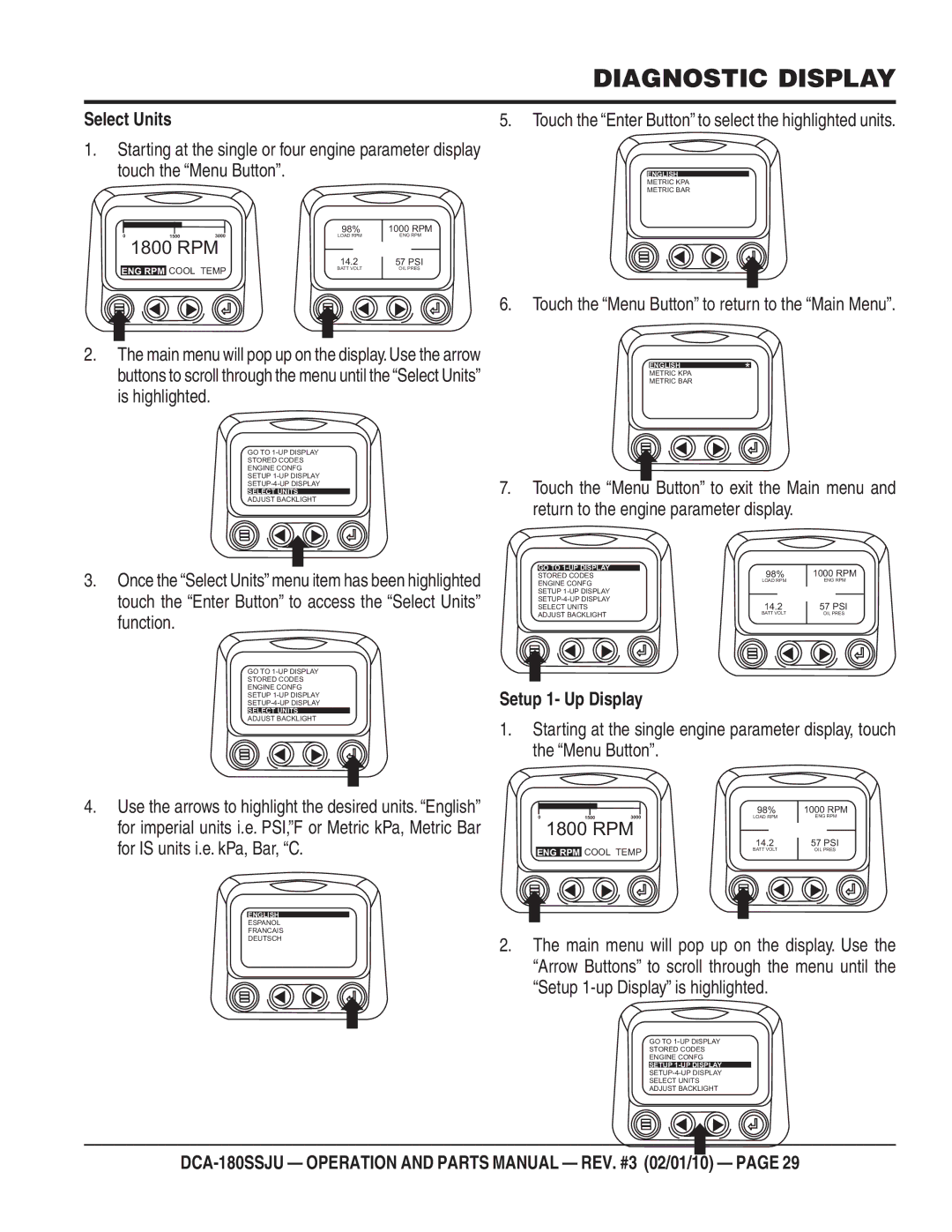 Multiquip DCA180SSJU operation manual Select Units, Setup 1- Up Display 