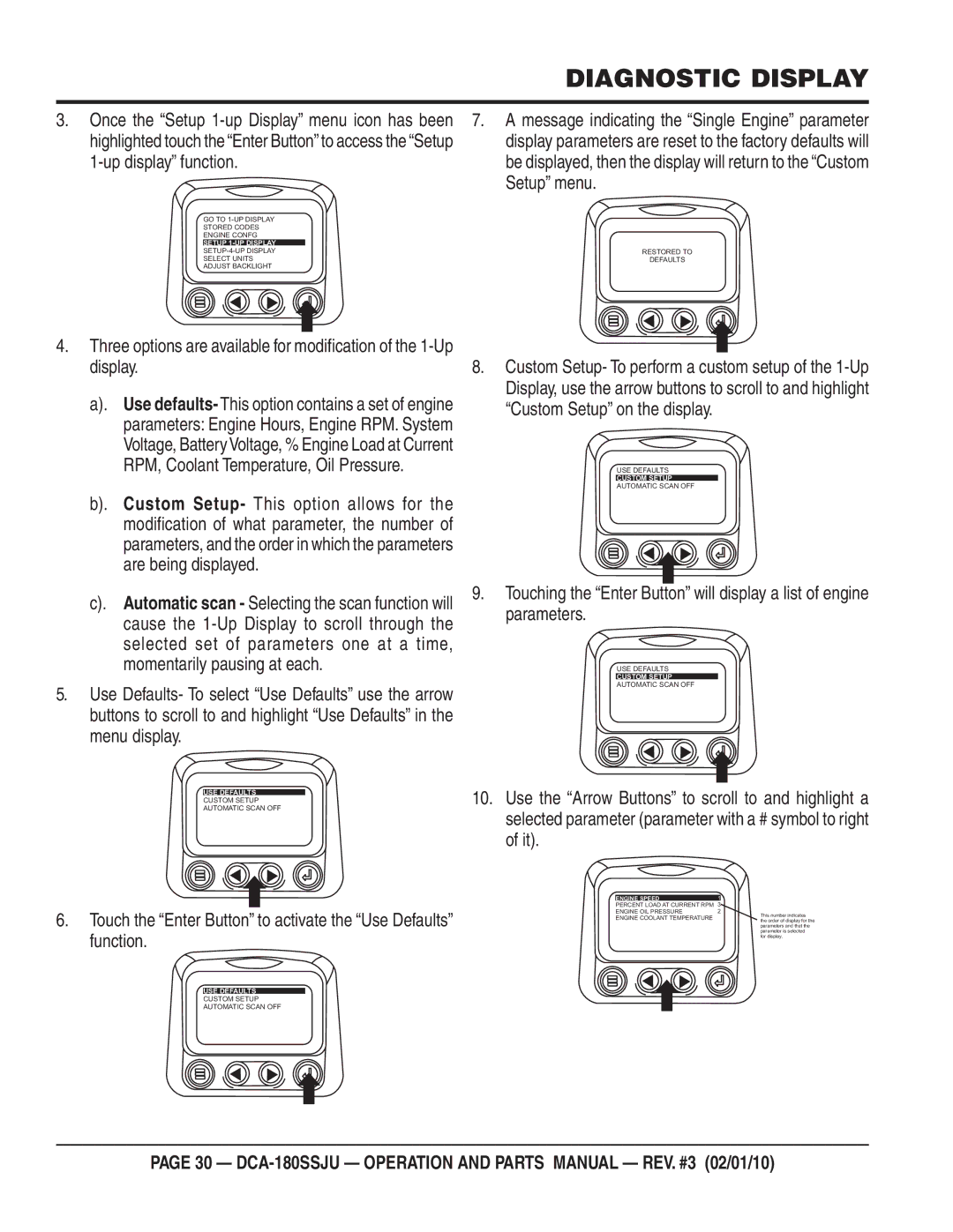 Multiquip DCA180SSJU operation manual Once the Setup 1-up Display menu icon has been, Up display function 