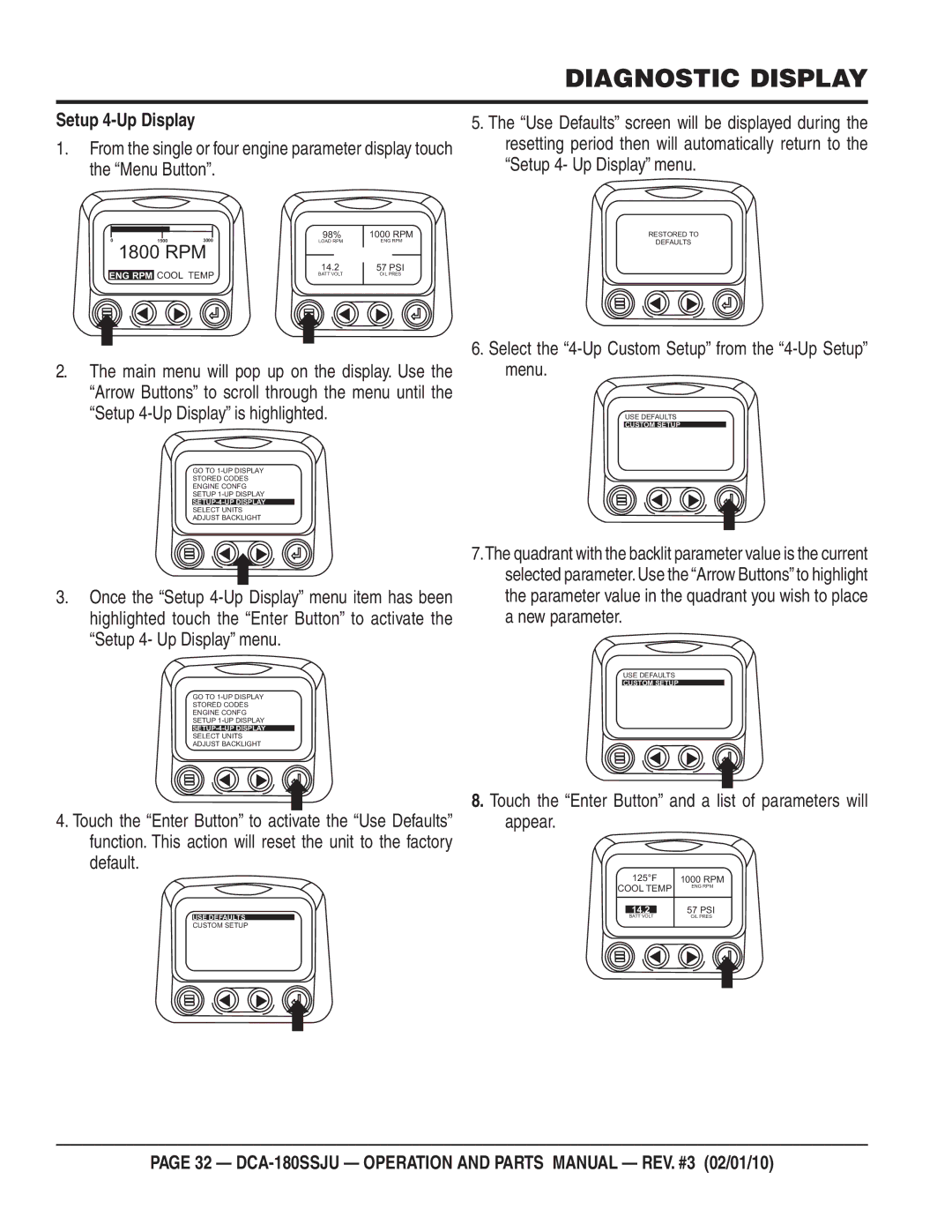 Multiquip DCA180SSJU operation manual Setup 4-Up Display, Select the 4-Up Custom Setup from the 4-Up Setup menu 