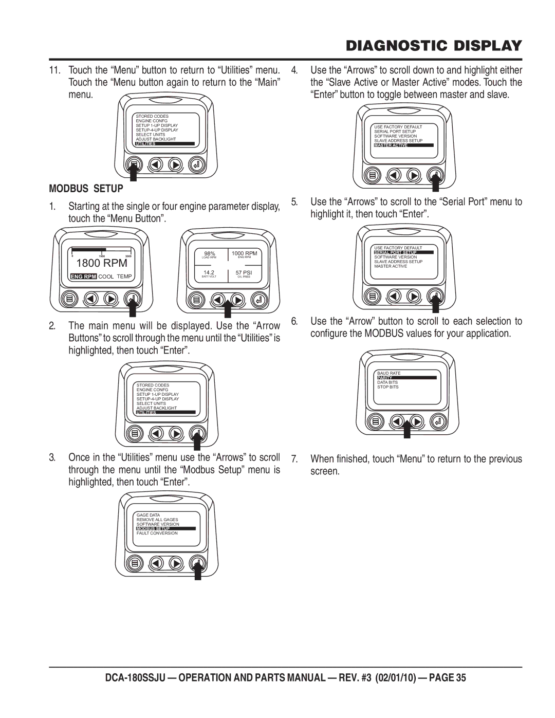 Multiquip DCA180SSJU operation manual Touch the Menu button again to return to the Main 