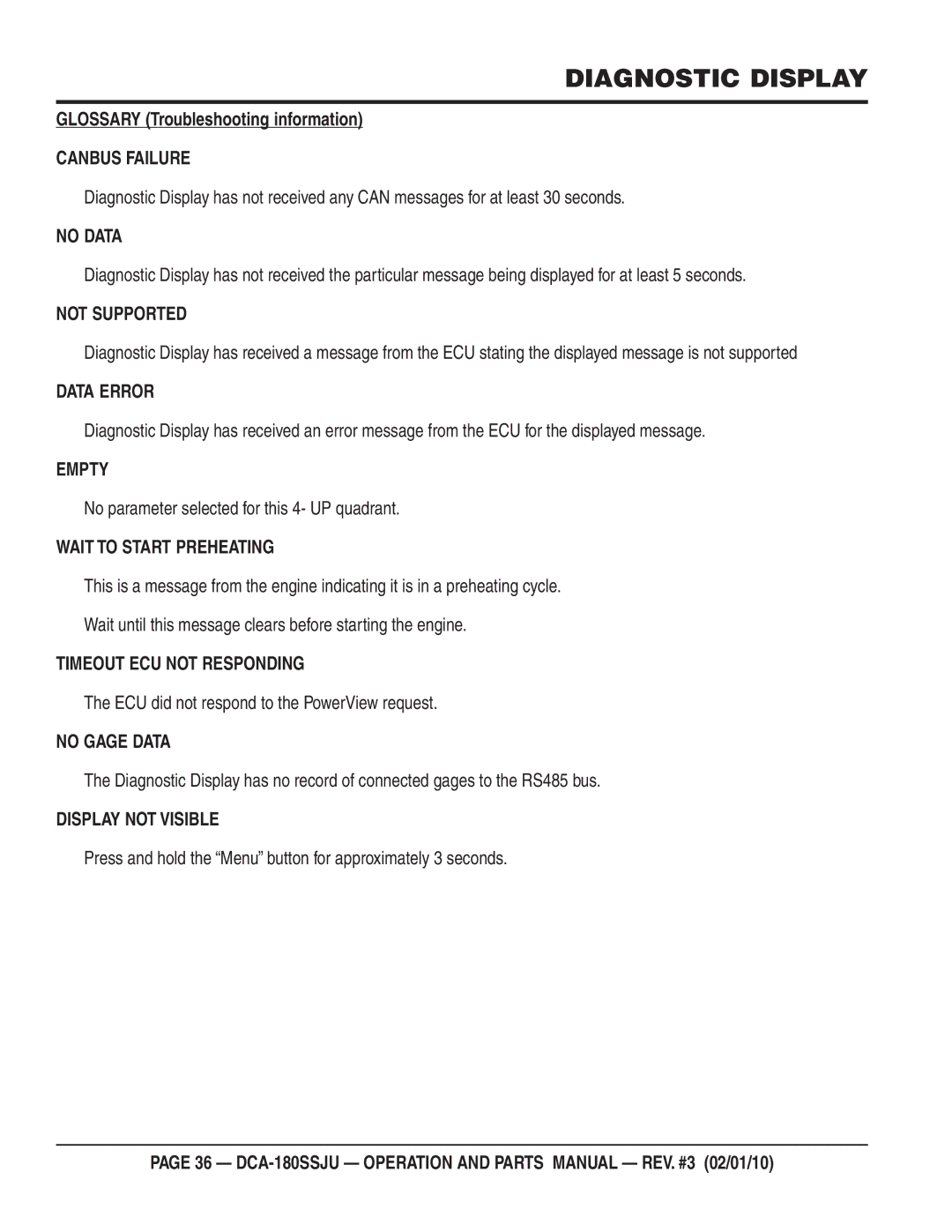 Multiquip DCA180SSJU operation manual Glossary Troubleshooting information, No parameter selected for this 4- UP quadrant 