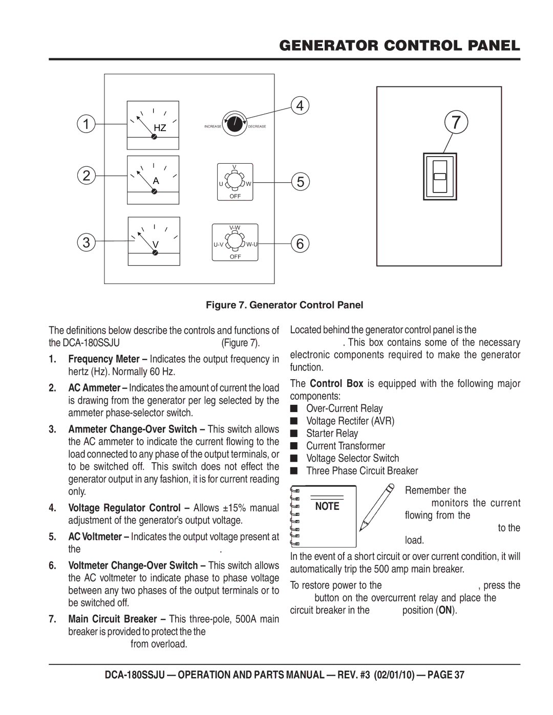 Multiquip DCA180SSJU Generator Control Panel, To restore power to, Button on the overcurrent relay and place 