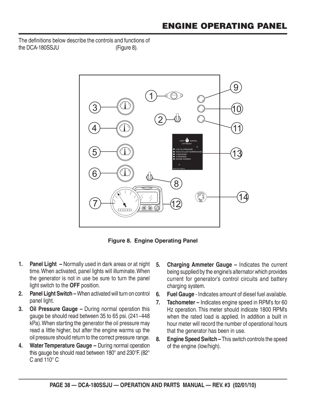 Multiquip DCA180SSJU operation manual Engine Operating Panel, Fuel Gauge Indicates amount of diesel fuel available 