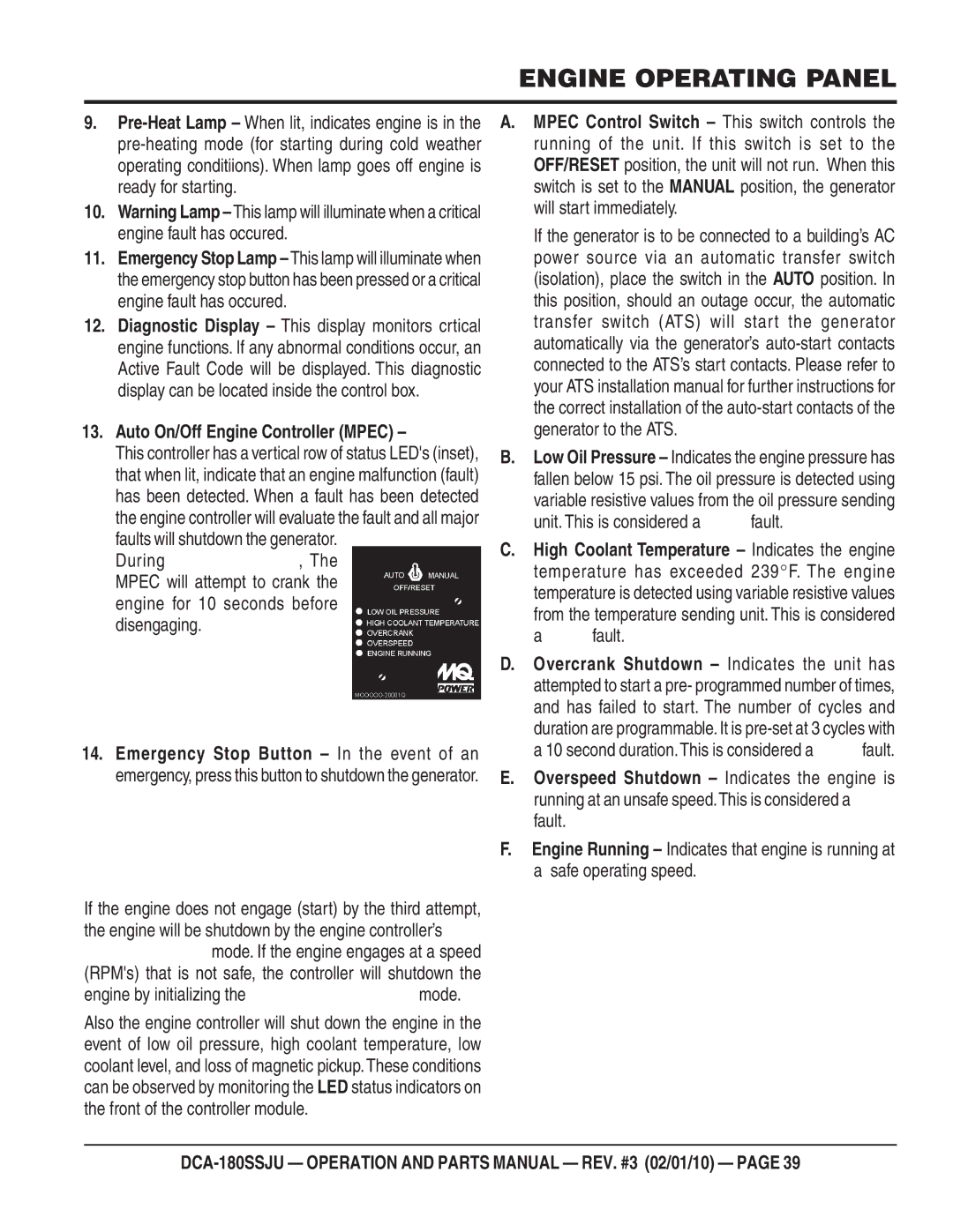 Multiquip DCA180SSJU Auto On/Off Engine Controller Mpec, Engine by initializing, Unit. This is considered a, Fault 