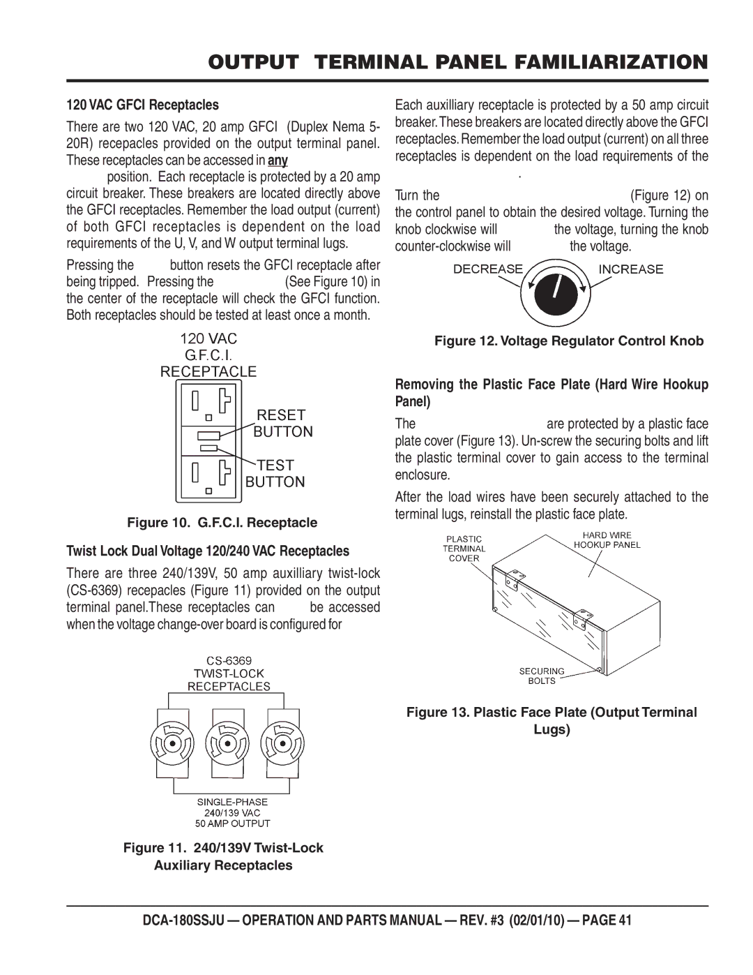 Multiquip DCA180SSJU operation manual VAC Gfci Receptacles, Pressing, Counter-clockwise will Voltage 