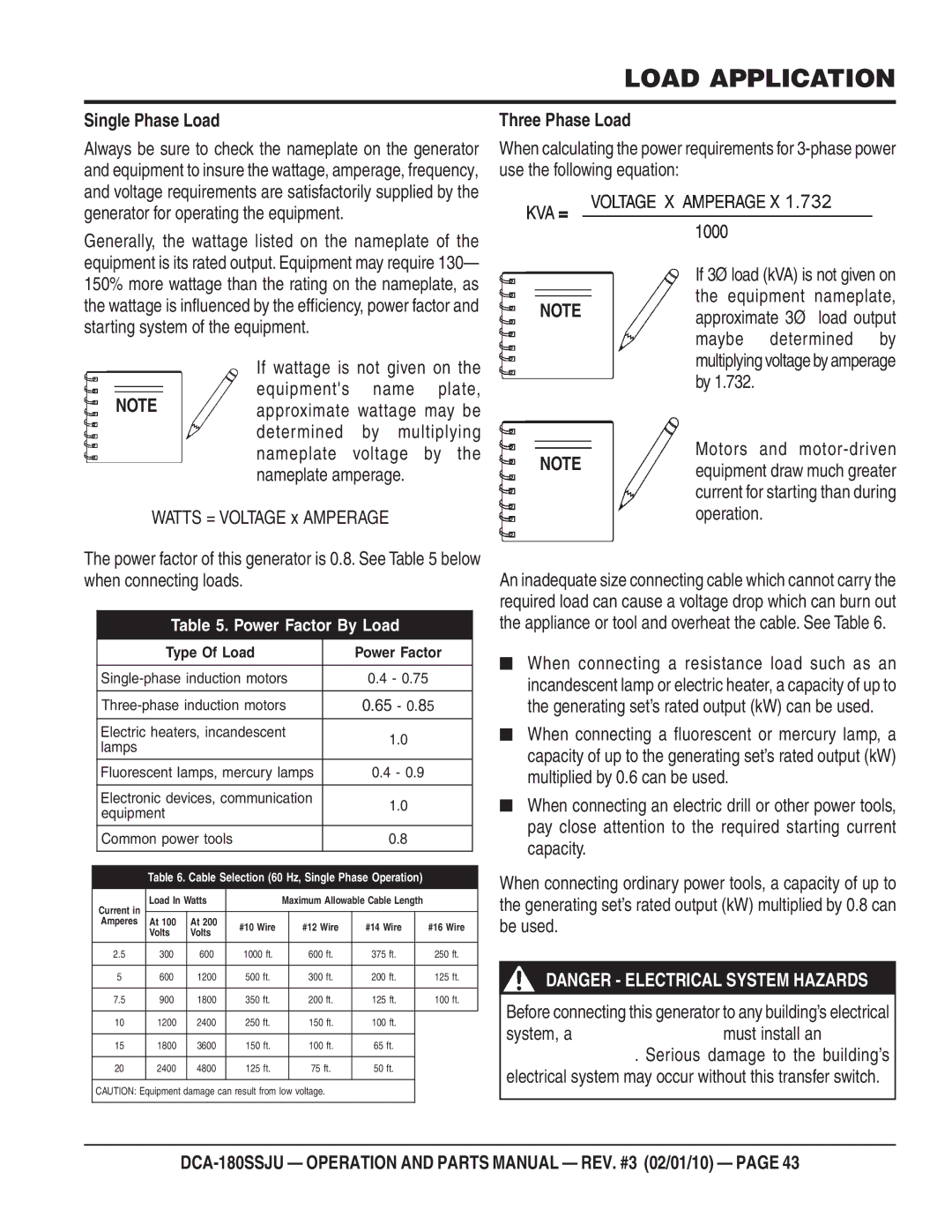 Multiquip DCA180SSJU operation manual Load Application, Single Phase Load, Three Phase Load, Motors and motor-driven 