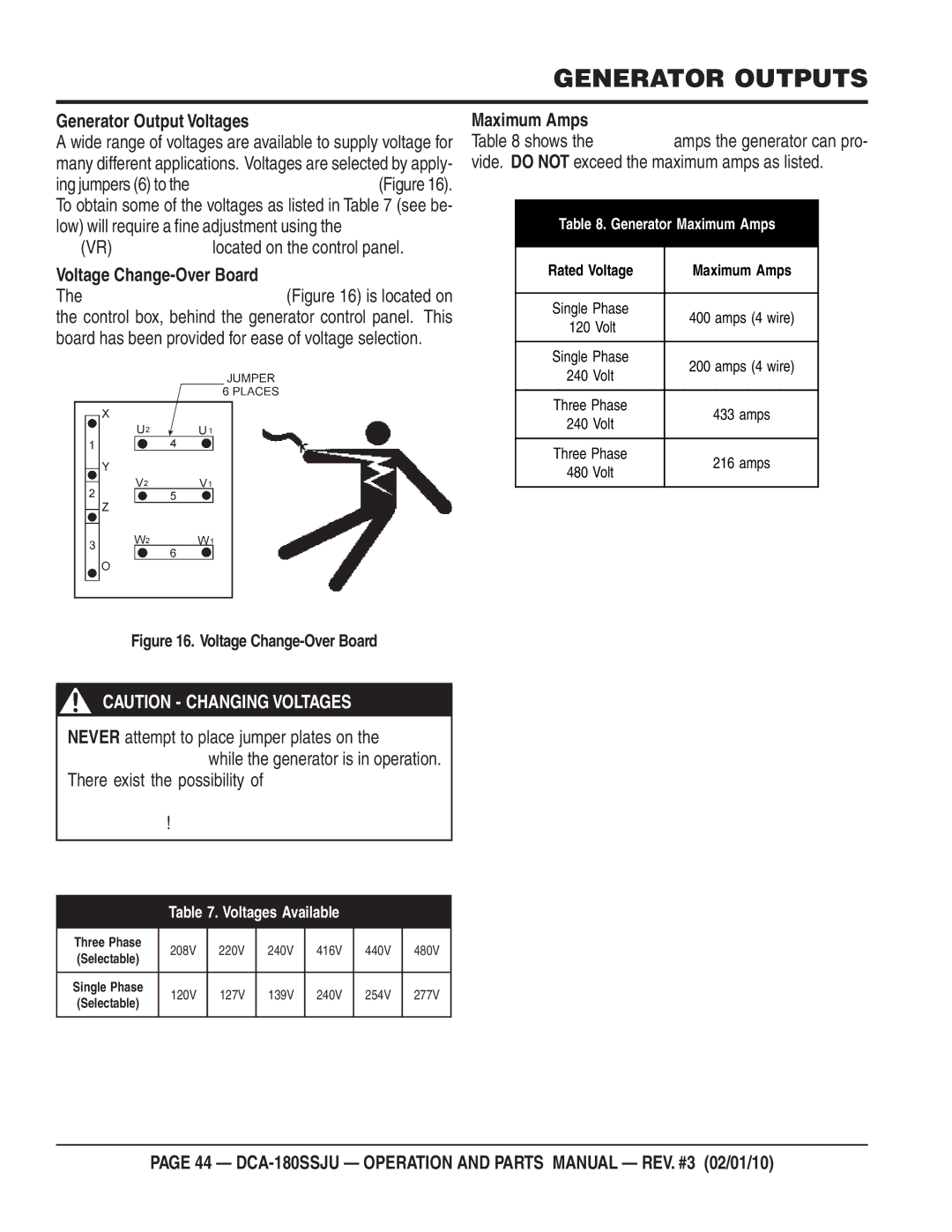 Multiquip DCA180SSJU operation manual Generator Outputs, Generator Output Voltages, Voltage Change-Over Board, Maximum Amps 