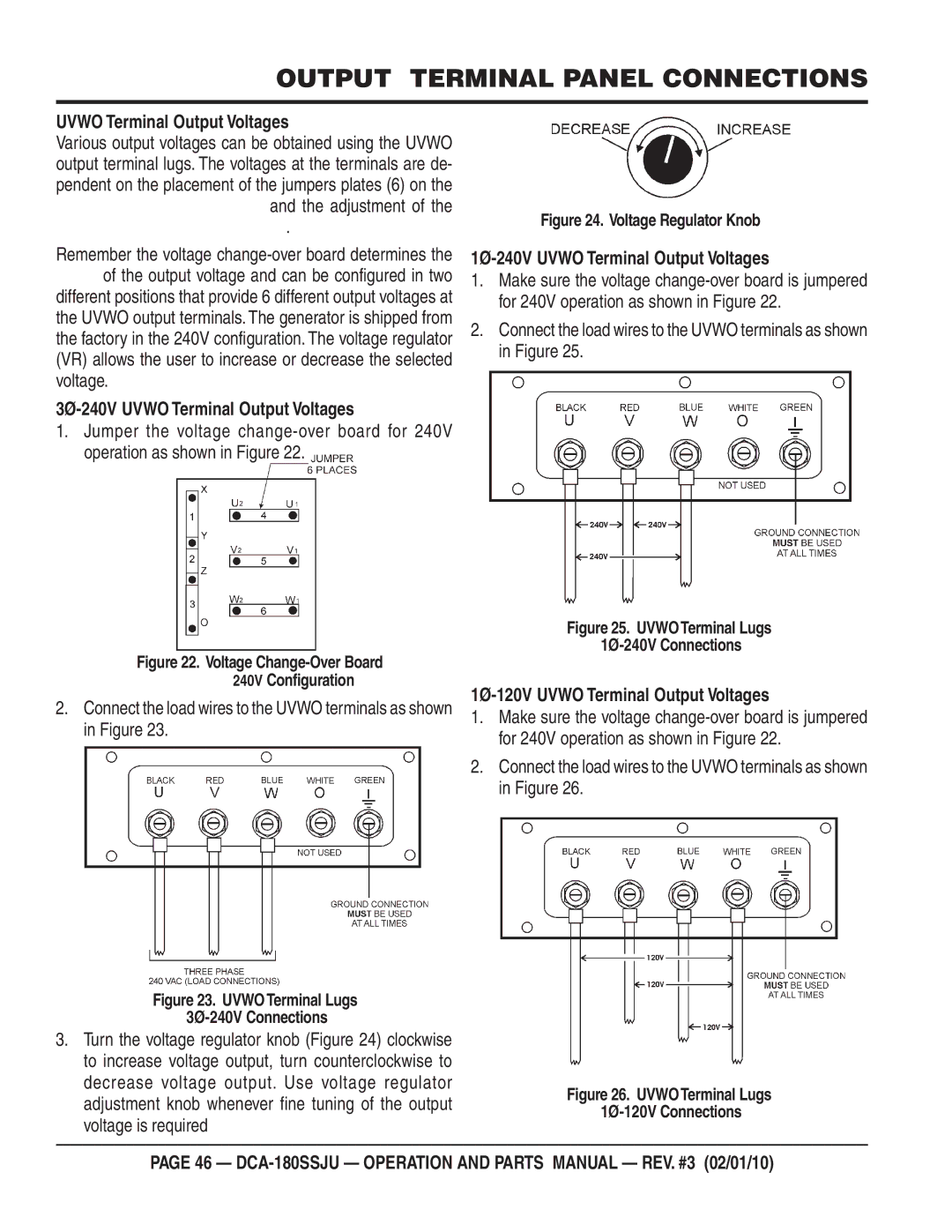 Multiquip DCA180SSJU operation manual Output Terminal Panel Connections, Uvwo Terminal Output Voltages 