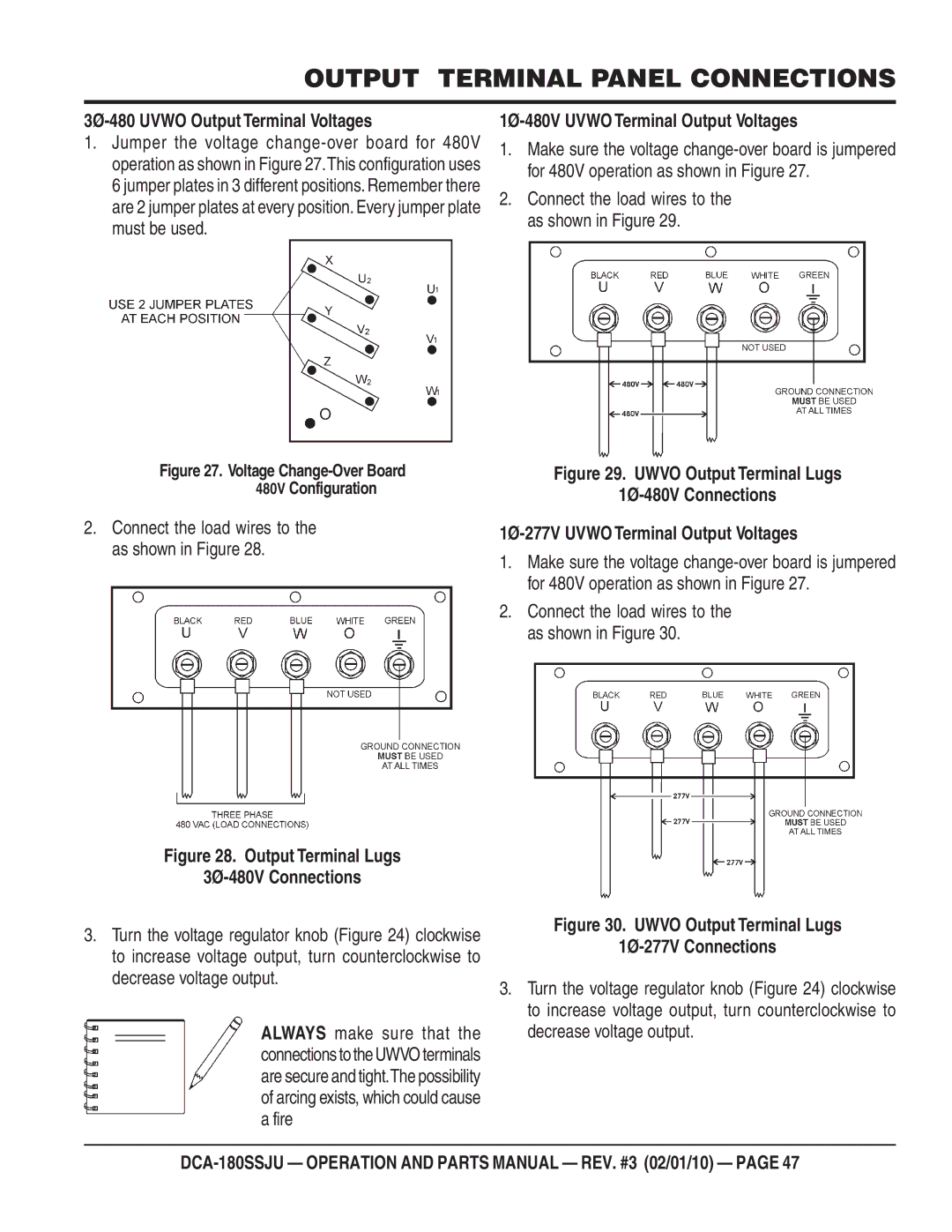 Multiquip DCA180SSJU operation manual 3Ø-480 Uvwo Output Terminal Voltages, Uwvo Output Terminal Lugs 1Ø-277V Connections 