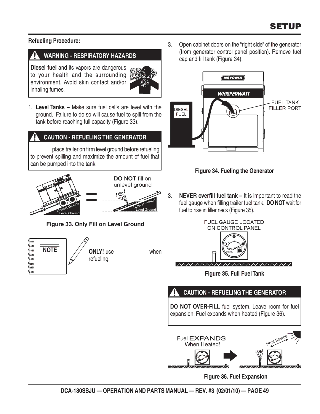 Multiquip DCA180SSJU operation manual Refueling Procedure, ONLY! use 