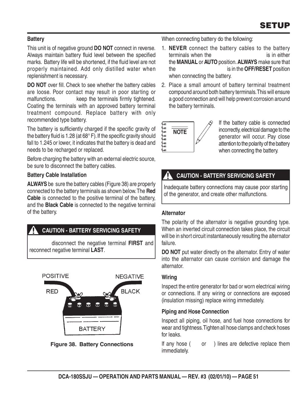 Multiquip DCA180SSJU operation manual Battery Cable Installation, Alternator, Wiring, Piping and Hose Connection 