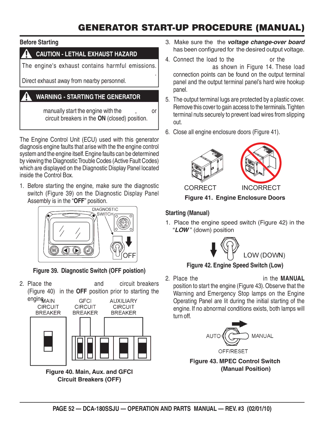 Multiquip DCA180SSJU operation manual Generator START-UP Procedure Manual, Before Starting, Starting Manual 