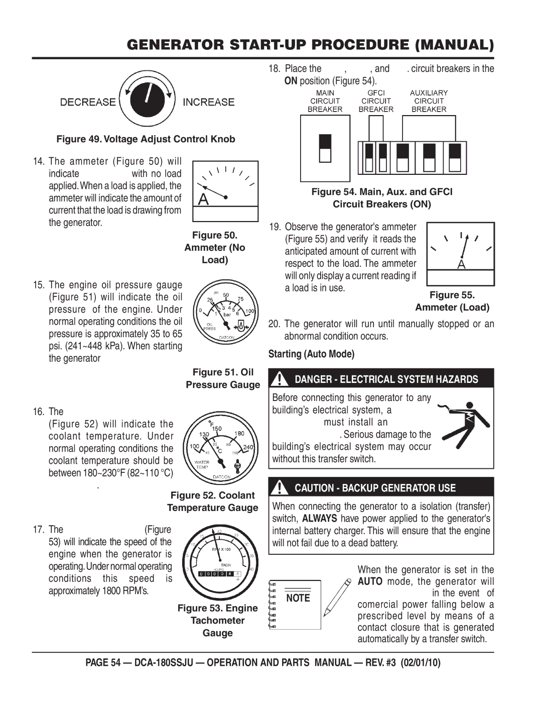 Multiquip DCA180SSJU operation manual On position Figure, Ammeter will, Load is in use, Starting Auto Mode 