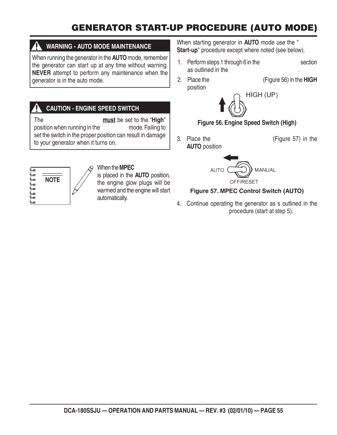 Multiquip DCA180SSJU operation manual Generator START-UP Procedure Auto Mode 