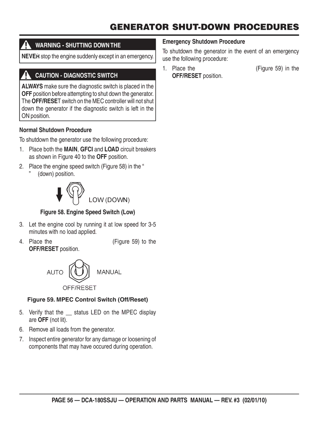 Multiquip DCA180SSJU operation manual Generator SHUT-DOWN Procedures, Normal Shutdown Procedure 