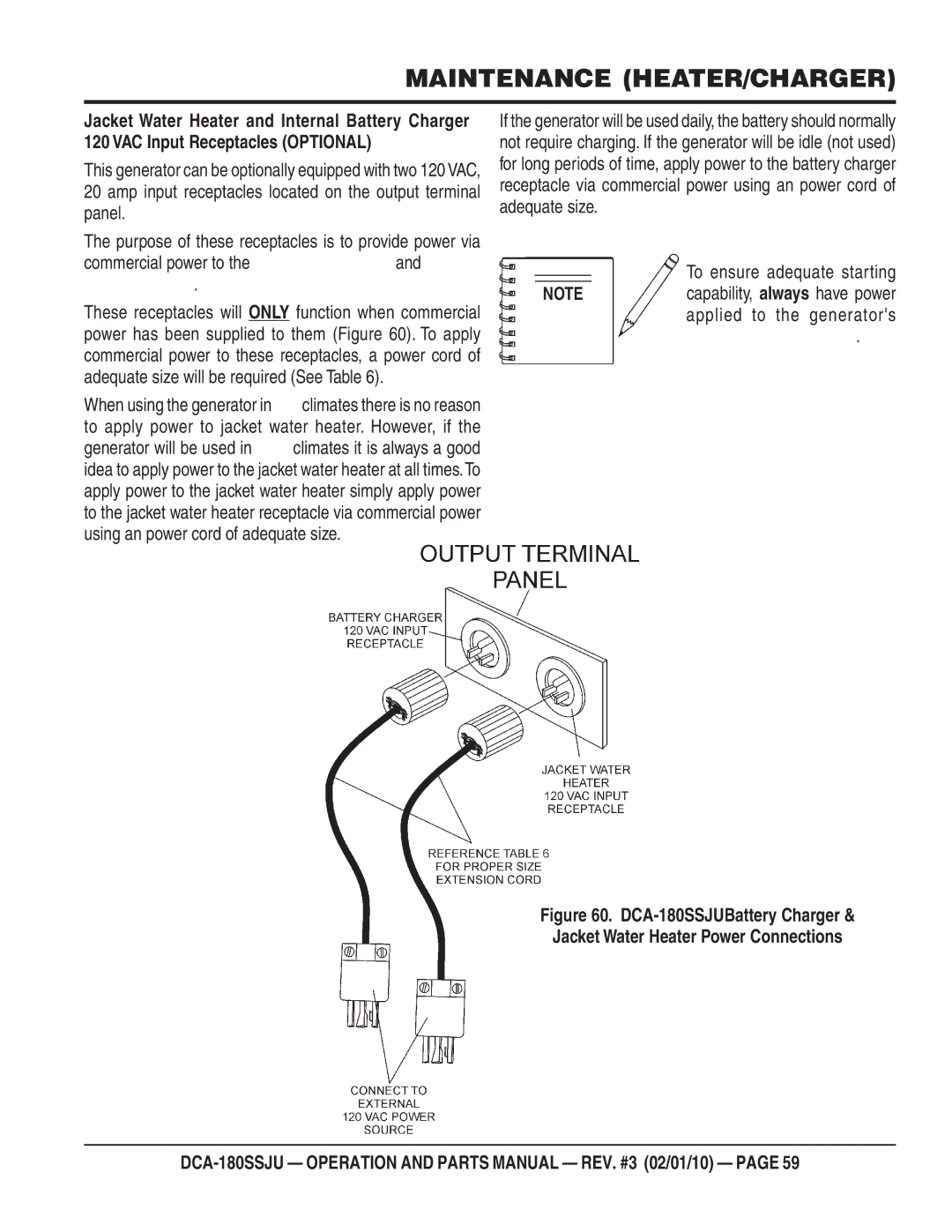 Multiquip DCA180SSJU operation manual Maintenance HEATER/CHARGER, Commercial power to theand, To ensure adequate starting 