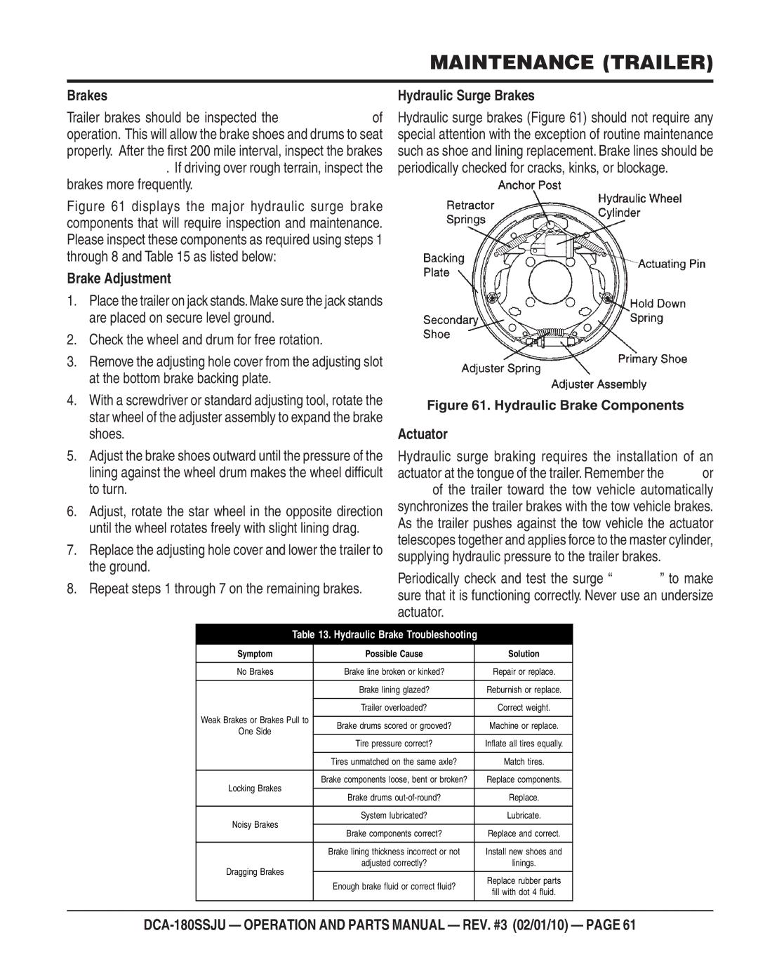 Multiquip DCA180SSJU operation manual Brake Adjustment, Hydraulic Surge Brakes, Actuator 