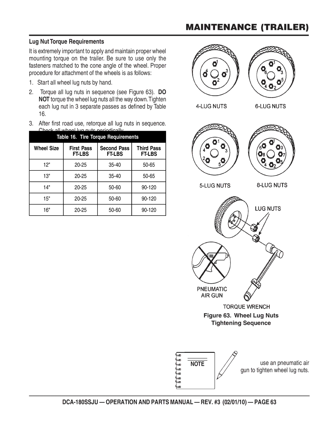 Multiquip DCA180SSJU operation manual Lug Nut Torque Requirements, Use an pneumatic air 