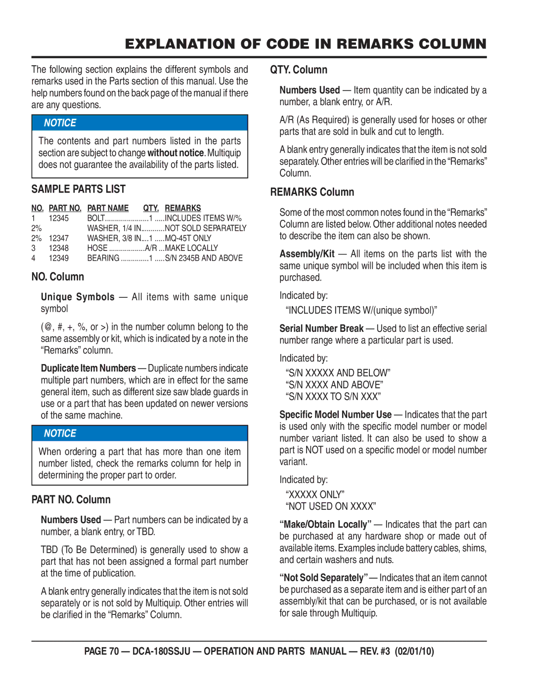 Multiquip DCA180SSJU operation manual Explanation of Code in Remarks Column, Sample Parts List 