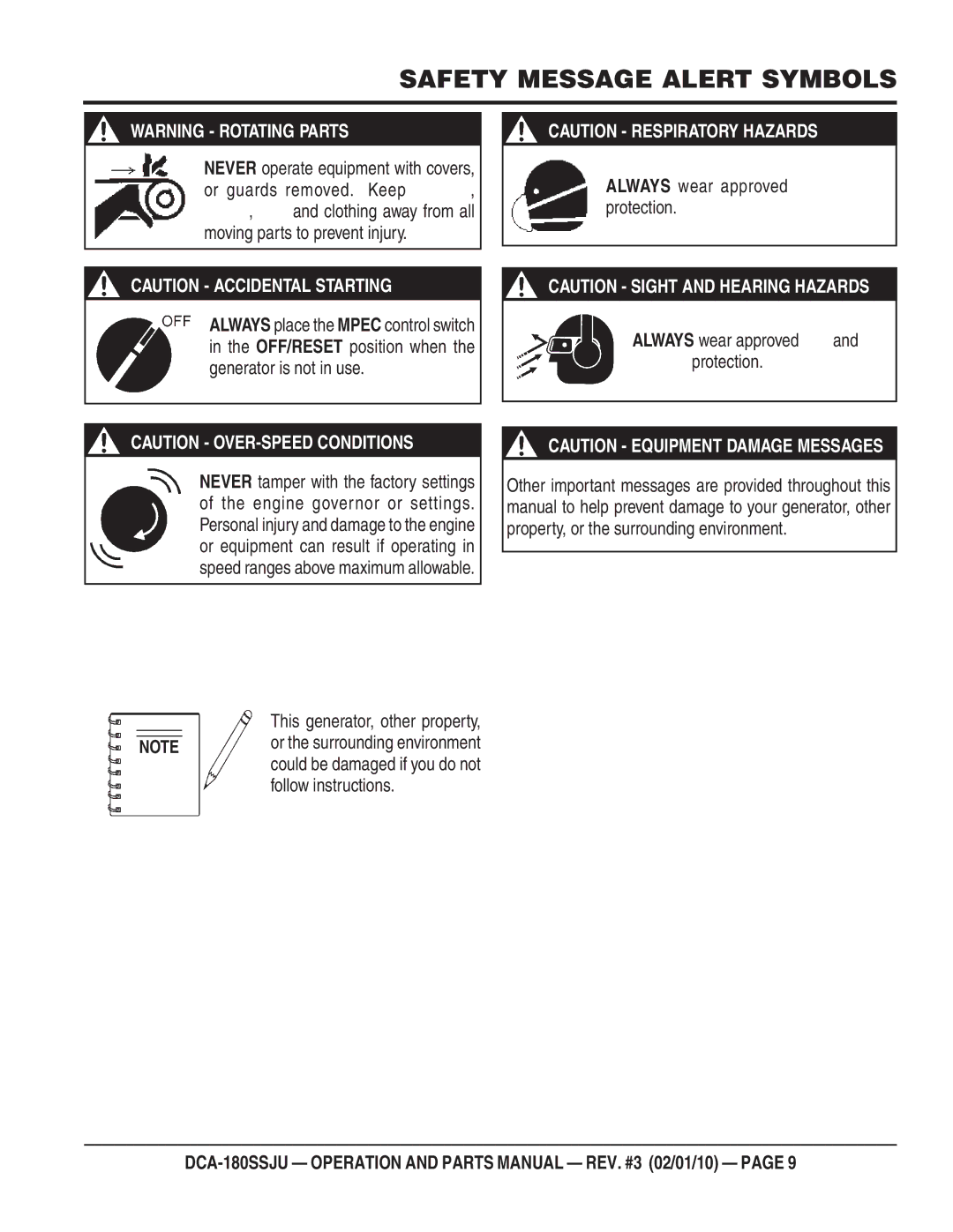 Multiquip DCA180SSJU operation manual Always wear approved protection, Protection, This generator, other property 