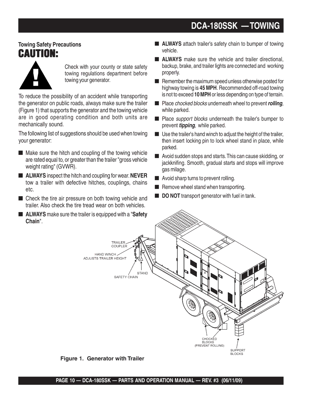 Multiquip DCA180SSK manual DCA-180SSK Towing, Towing Safety Precautions 