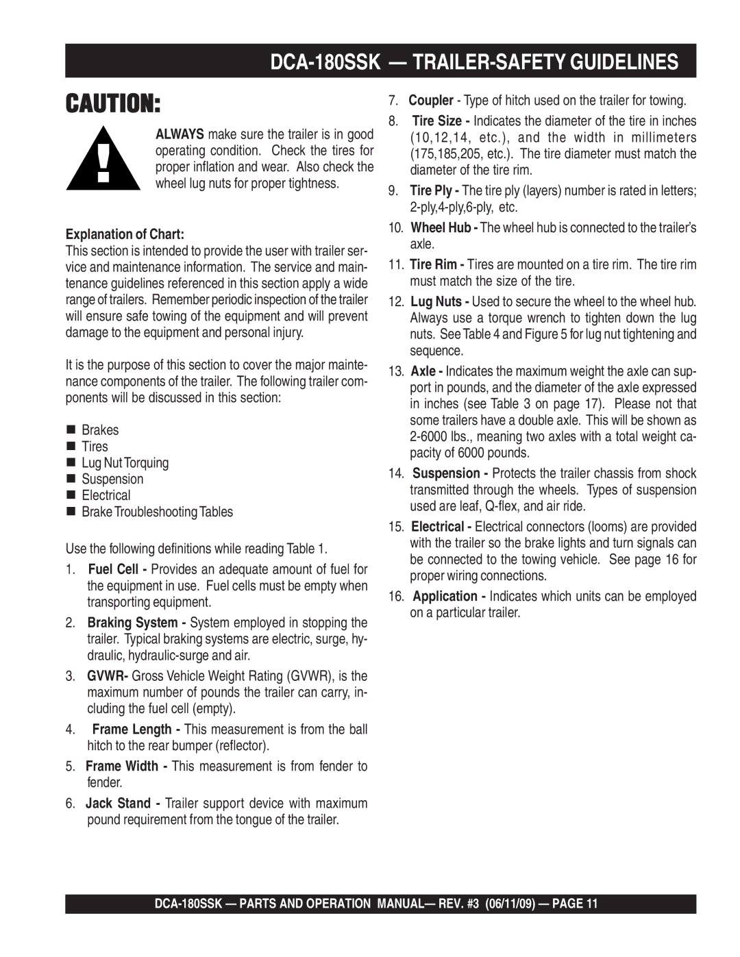 Multiquip DCA180SSK manual DCA-180SSK TRAILER-SAFETY Guidelines, Explanation of Chart 