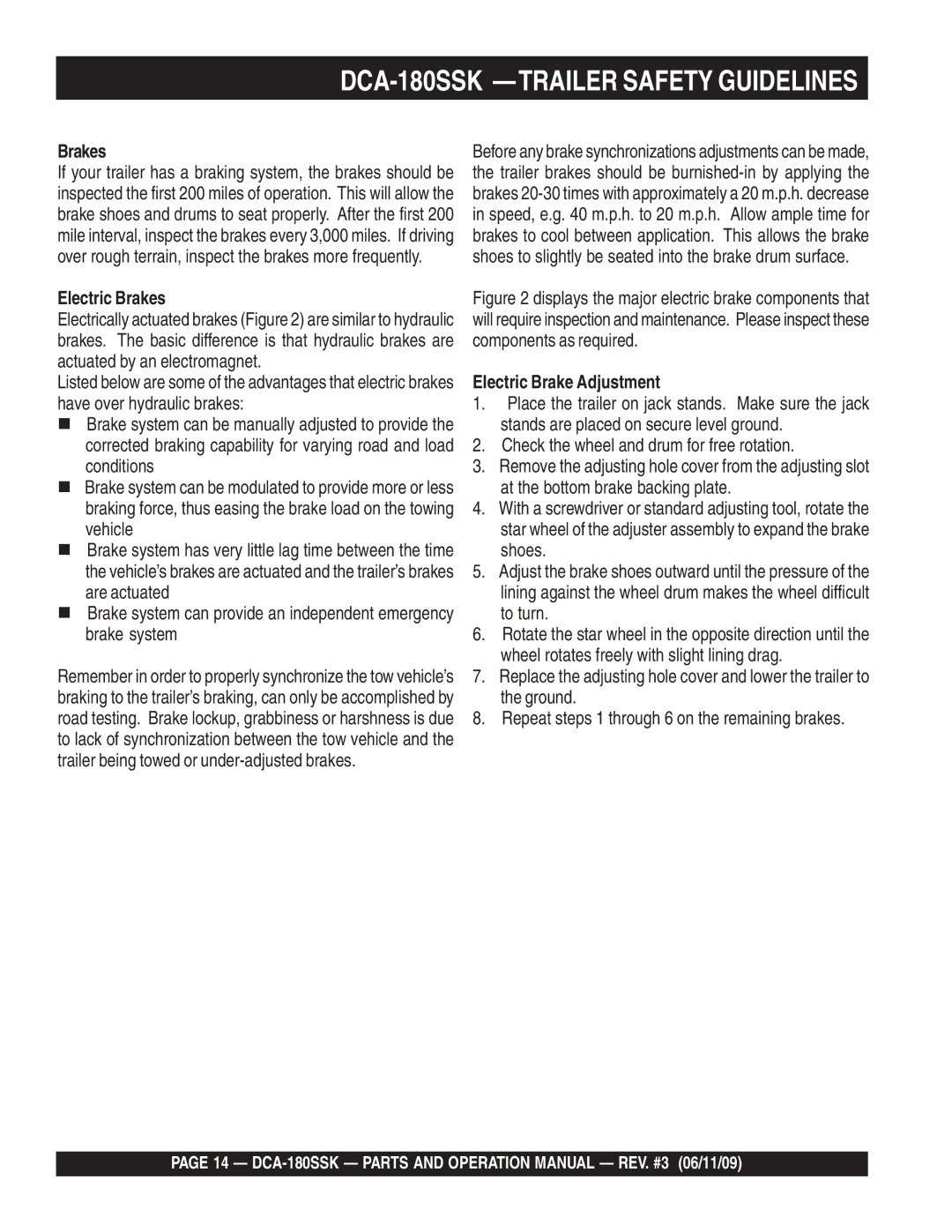 Multiquip DCA180SSK manual DCA-180SSK -TRAILER Safety Guidelines, Electric Brakes, Electric Brake Adjustment 