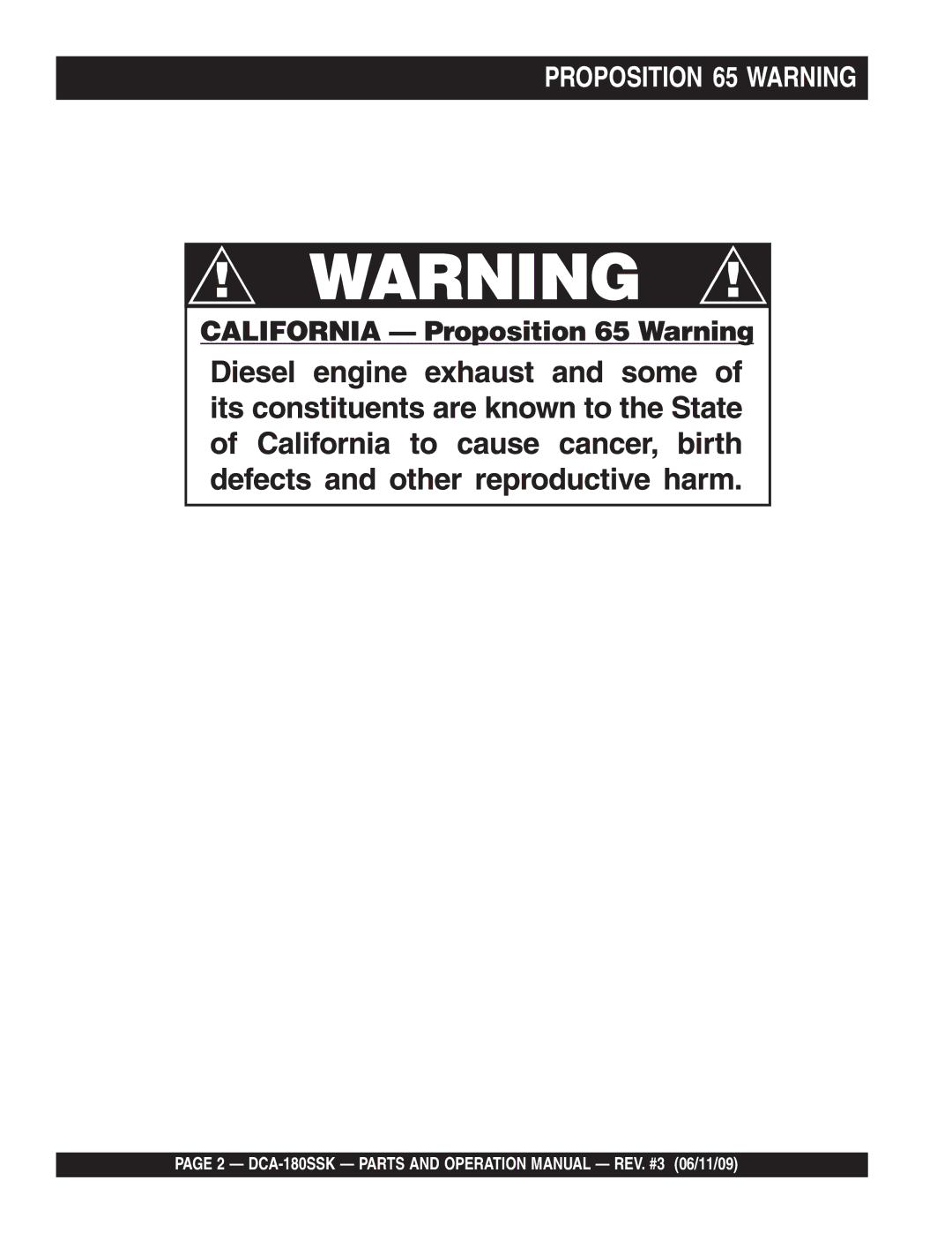 Multiquip DCA180SSK manual Proposition 65 Warning 