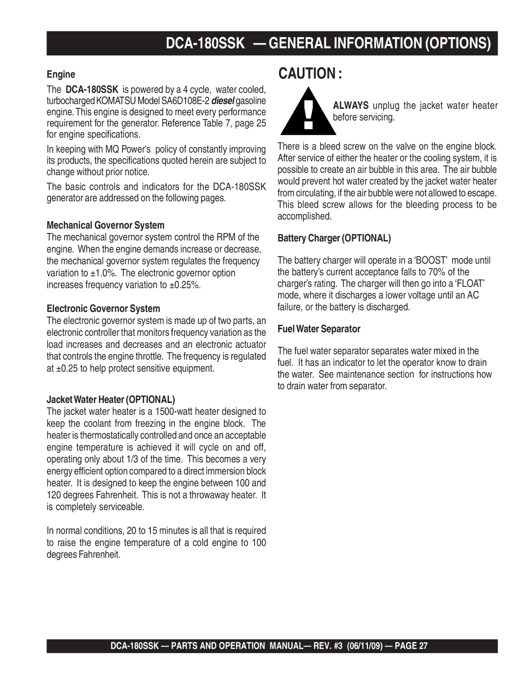 Multiquip DCA180SSK manual DCA-180SSK General Information Options 