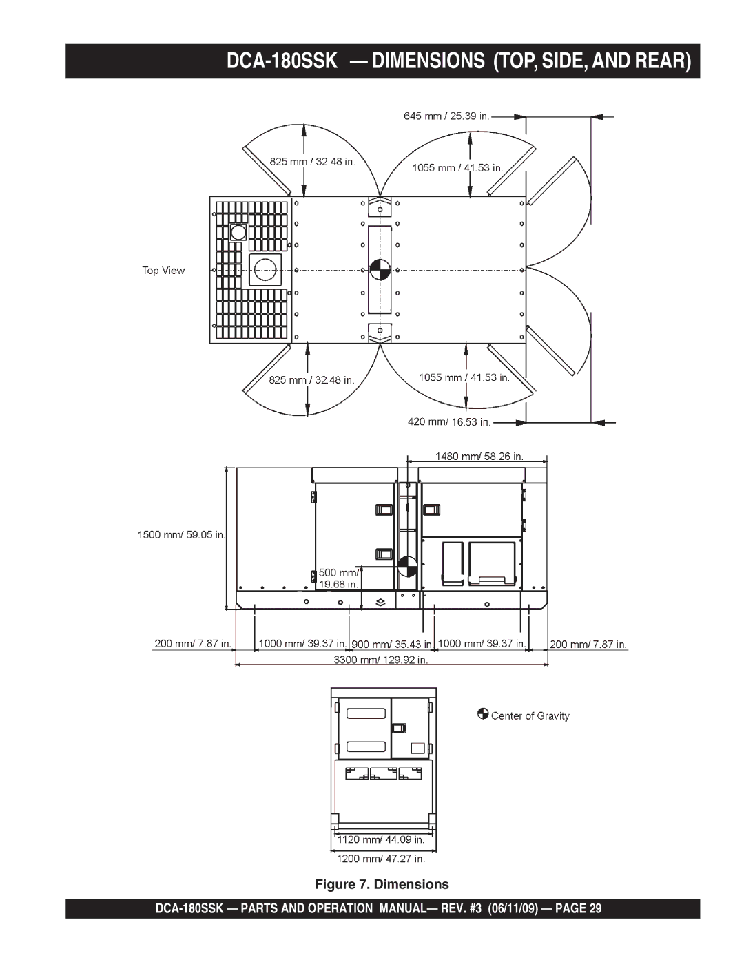 Multiquip DCA180SSK manual DCA-180SSK Dimensions TOP, SIDE, and Rear 