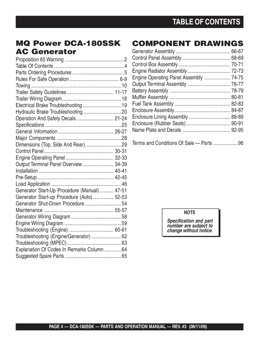 Multiquip DCA180SSK manual Table of Contents 