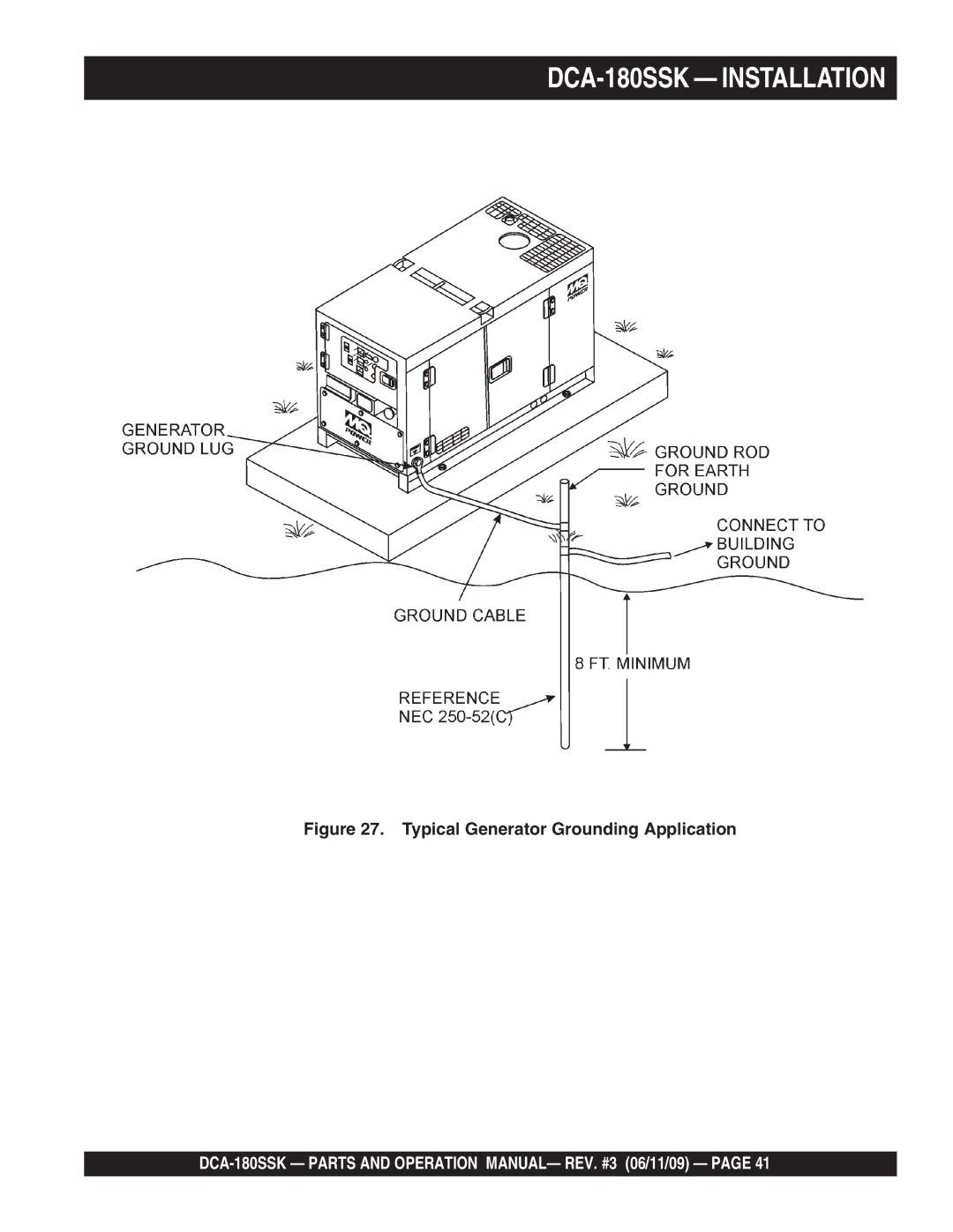 Multiquip DCA180SSK manual DCA-180SSK Installation, Typical Generator Grounding Application 